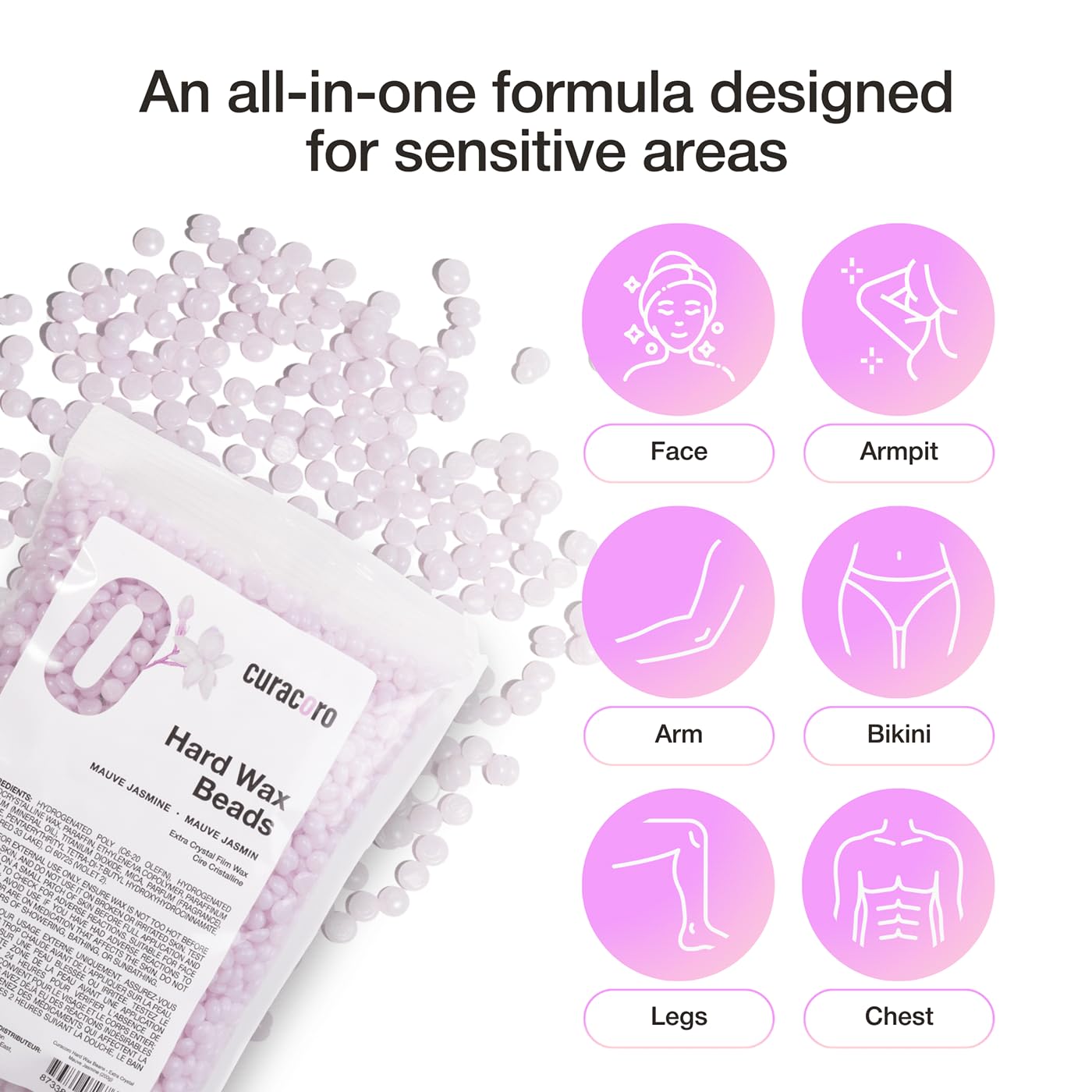 Curacoro Italian Wax Beans - 200g Hard Wax Beads for Full Body Hair Removal on Face, Body, Brazilian, Bikini, Legs, Underarms, Skin-Friendly Waxing Beads for Women & Men, Made in Italy (Mauve Jasmine)