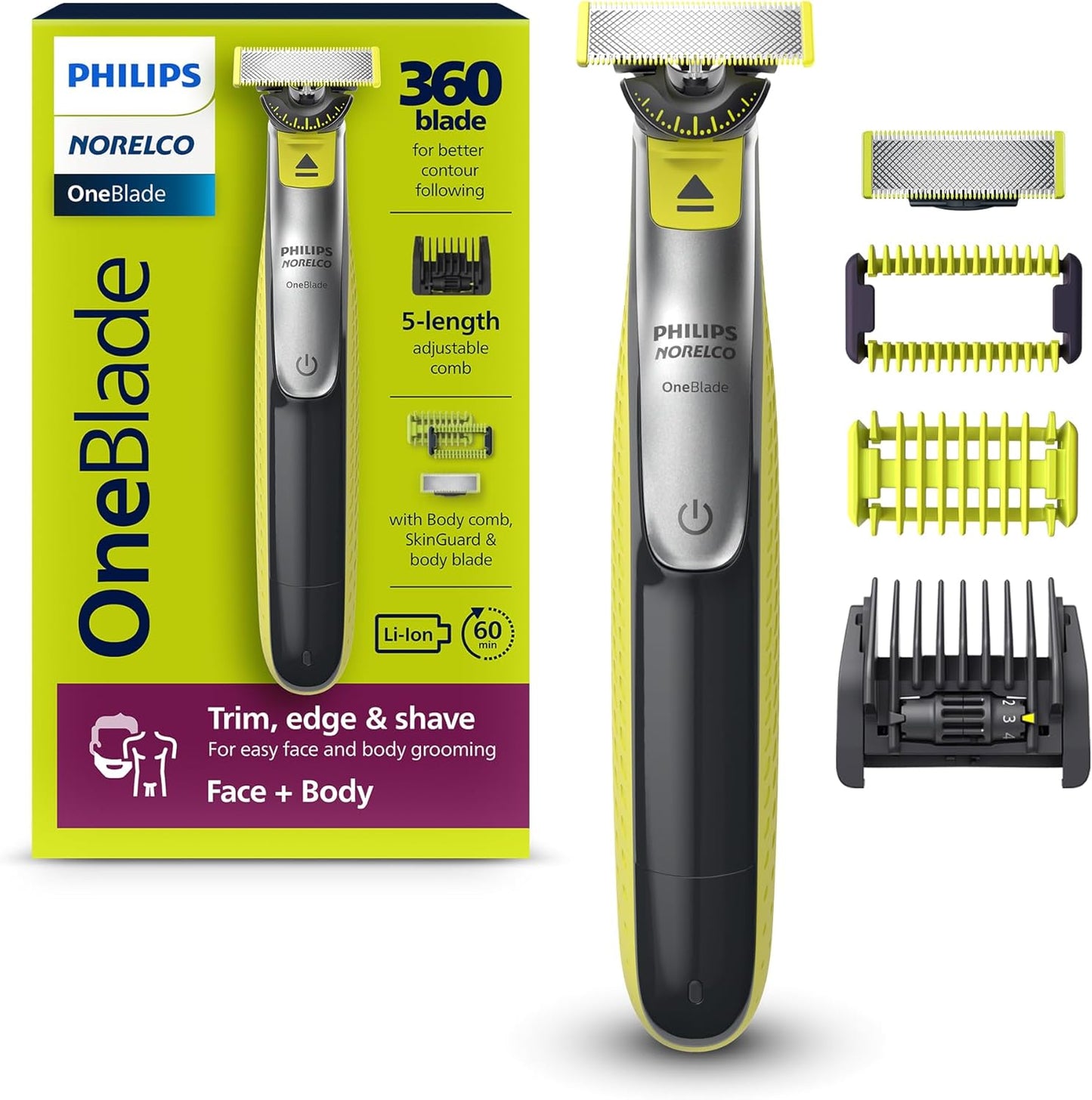 Philips Norelco Electric Beard Trimmer & Groomer - 5-in-1 Adjustable Comb | Black & Lime Green, Model QP2834/70