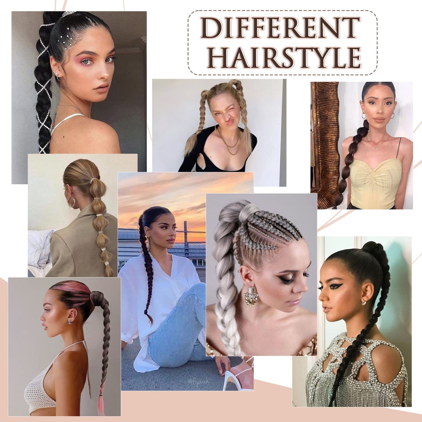 BARSDAR 26 Inch Long Braided Ponytail Extension with Hair Tie - Straight Sleek Wrap Around Ombre Grey Braided Ponytail Hair Extensions - Synthetic Pony Tails Hairpieces for Women - Black Ombre Grey