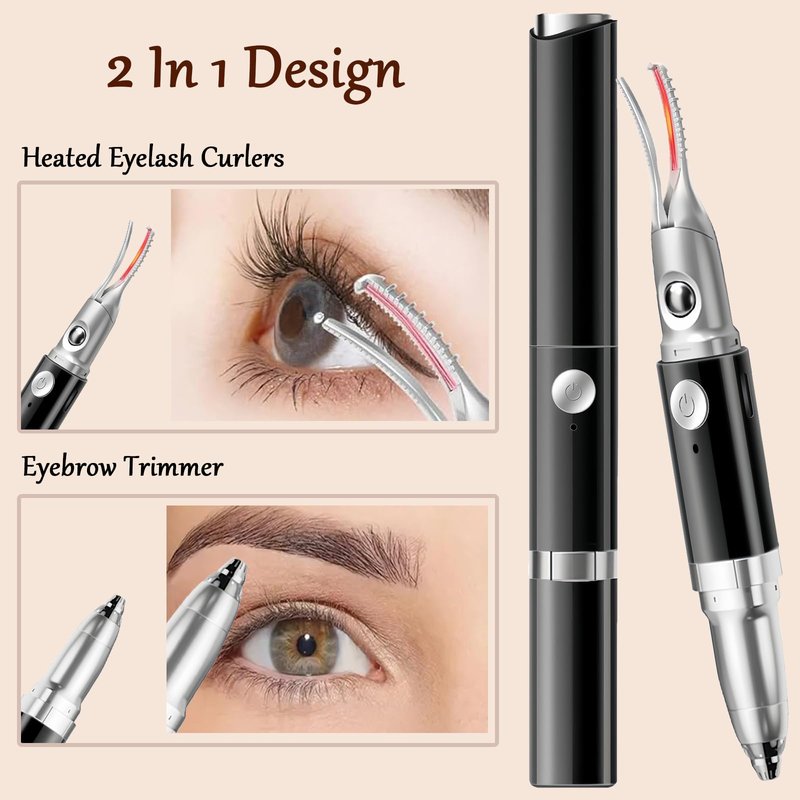 Heated Eyelash Curler - 2 in 1 Eye Lash Curler and Eyebrow Trimmer for Women with 2 Temperature Modes, USB Rechargeable Electric Eyelash Curler, Anti-Burn Design, Ideal Gift for Women(Black A1)