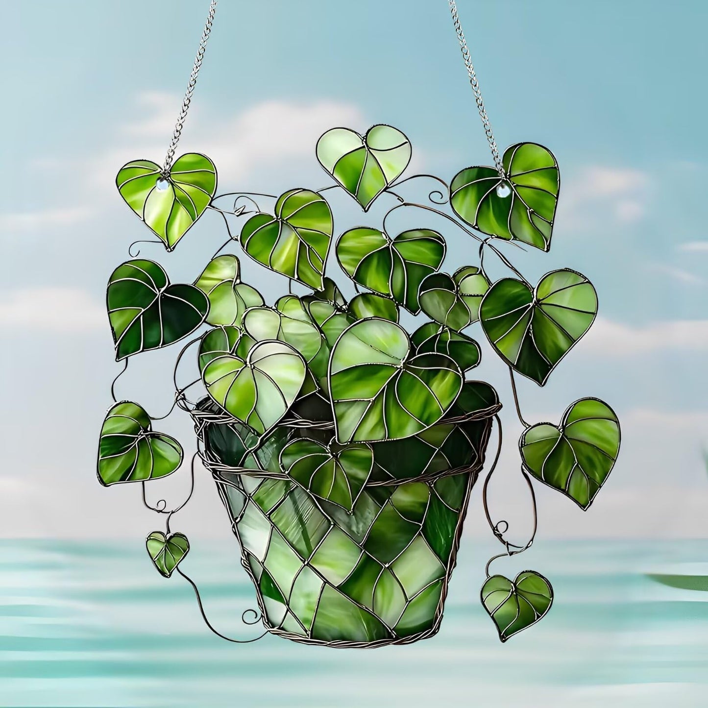 1PC Heart - Leaf Plant Acrylic Suncatcher Hanging, 7.08 inch Window Decor with Printed Stained Glass Style Design, Rainbow Maker Wall Art, Gift Idea & Garden Ornament Indoor Outdoor Use/ZW-03