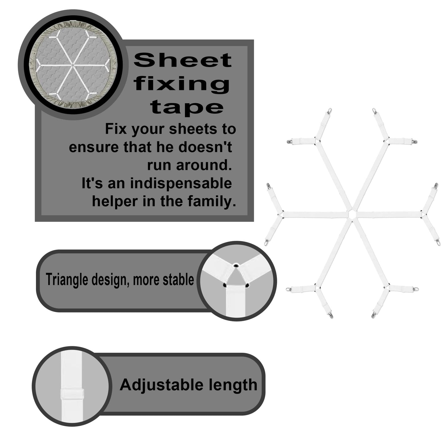 Sheet Fasteners Keepers-Adjustable Elastic Bed Sheet Holder Straps for Full,Queen,King Twin Bed,6 Way Cross Sheet Clips Suspenders Band,Fitted Round and Square Mattresses