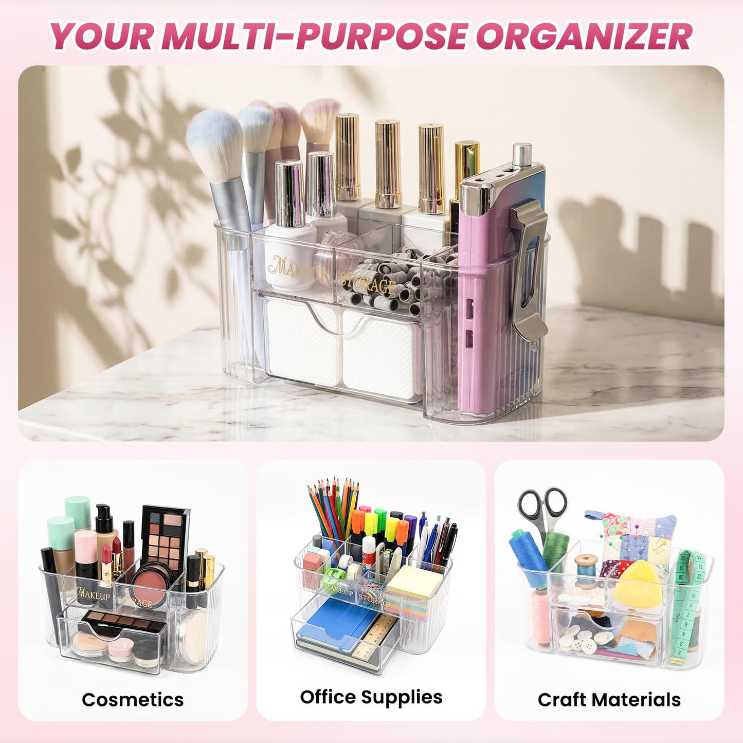 BQAN Clear Acrylic Nail Organizer with Drawer - 6 Compartment Desktop Storage for Nail Art Tools, Makeup & Cosmetics | Professional Nail Tech & Beauty Vanity Organizer