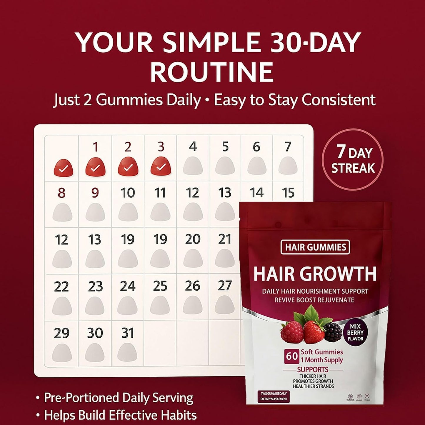Lumin Hair Growth Gummies - Biotin & Collagen for Thicker Hair | Mixed Berry, 60 Count
