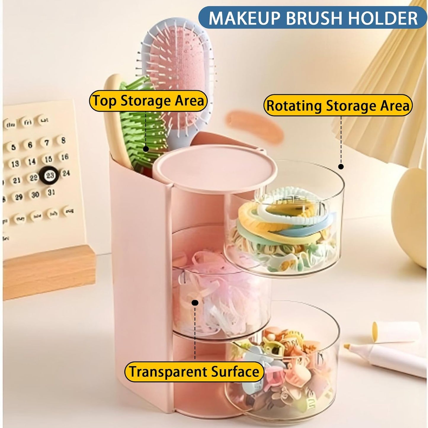 Hair Accessories Organizer - Rotatable Makeup Brush Holder for Necklaces, Earrings, Bracelets | Pink, 3-Layer