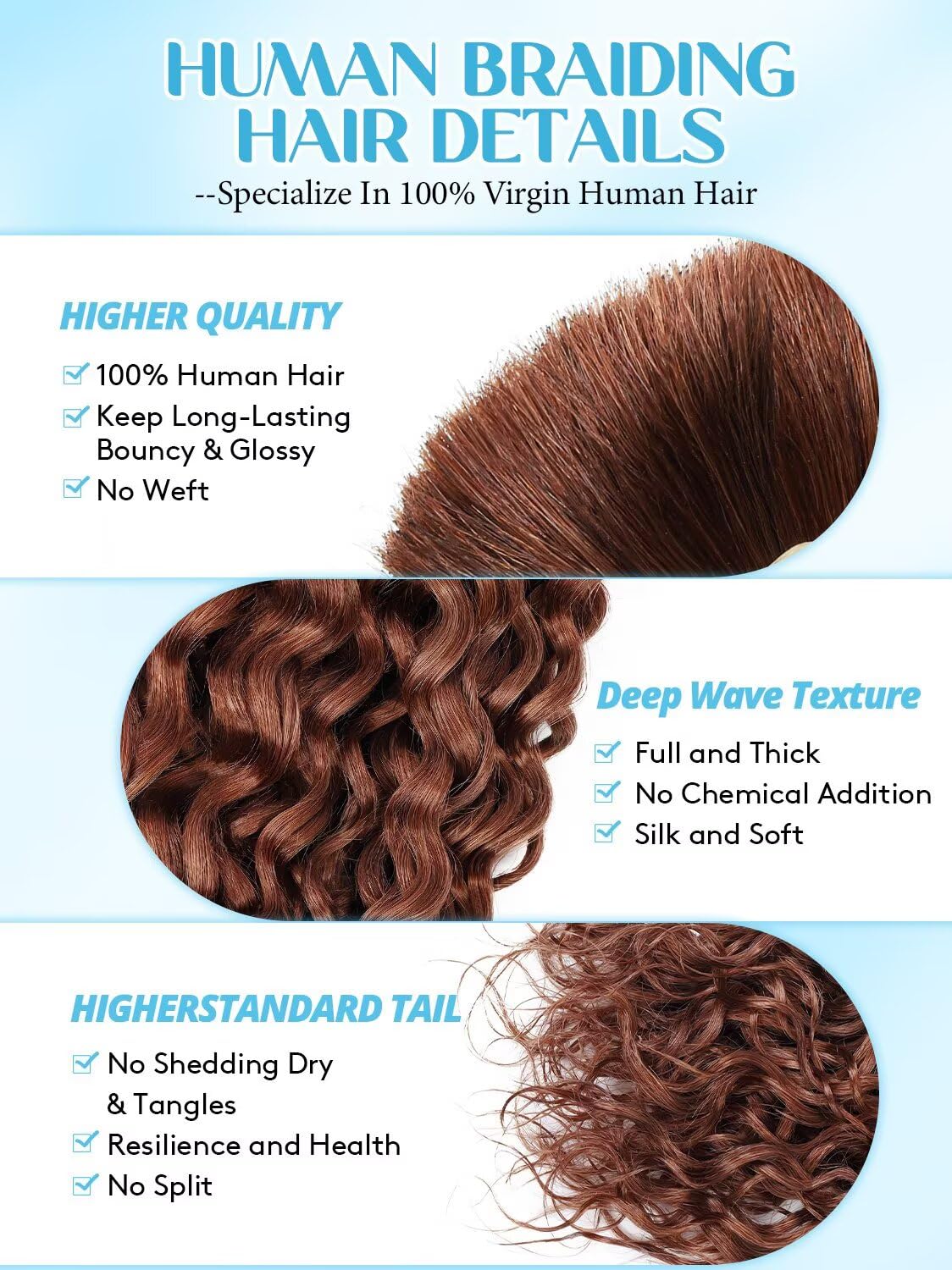 Unprocessed Human Hair for Braiding - #30 Auburn Curly Bulk Hair, 12A Grade, 16 Inch, 150g, 3 Bundles