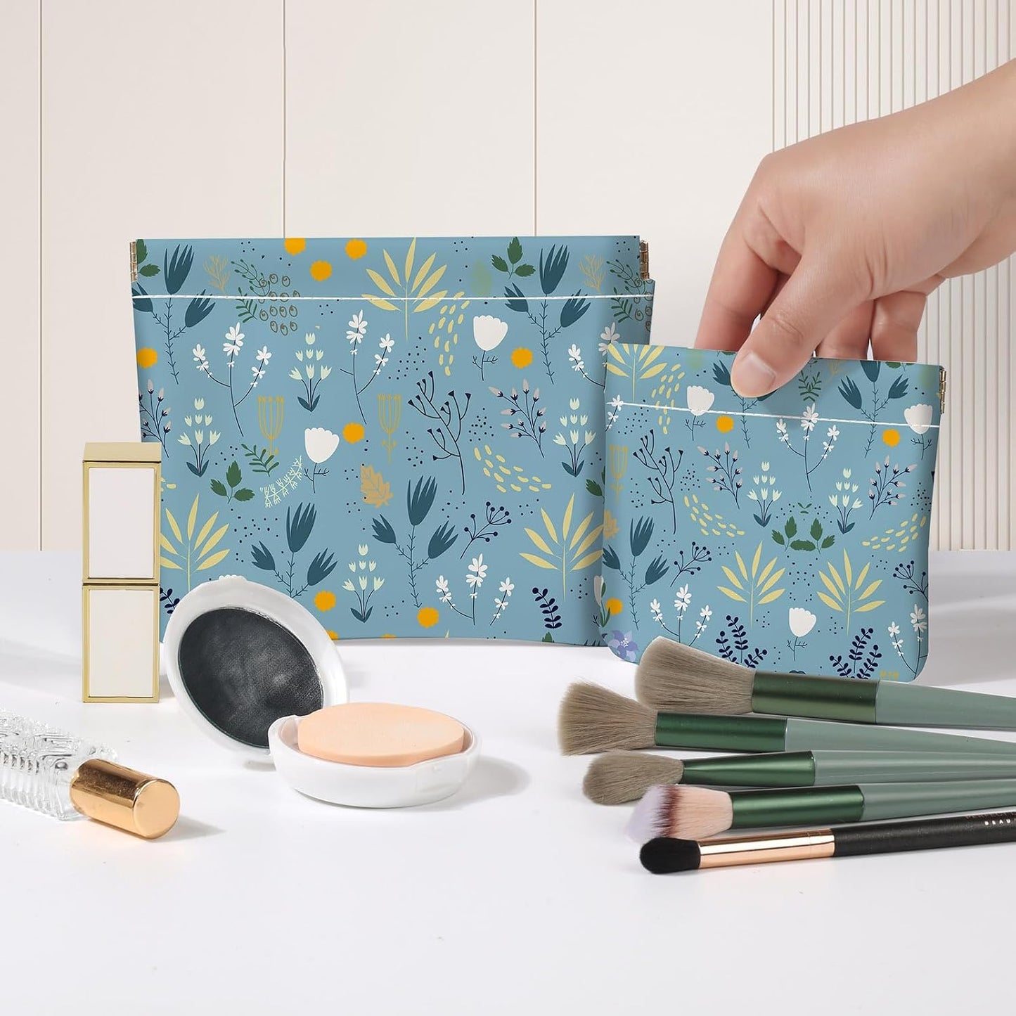 Makeup Bag Set - 2 PCS PU Leather Cosmetic Organizer | Portable Self-Closing Pouch for Women - Blue Flower Design