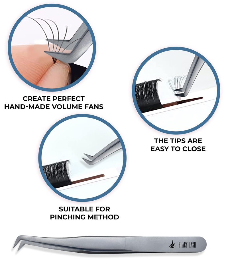 Stacy Lash STL-9 Eyelash Extension Tweezers/Precision Tool for Volume Extensions & False Lashes Application & Premade Fans/Curved Tweezer Tip/Beauty Accessories/Eyelashes Supplies