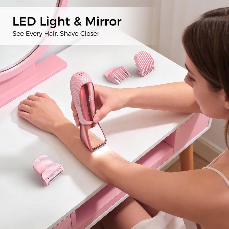 NIPOO Bikini Trimmer for Women, 2 in 1 Electric Razors Shaver, IPX7 Waterproof Body Hair Trimmer with Mirror, LED Light & Display, Painless Pubic Hair Removal, Pink