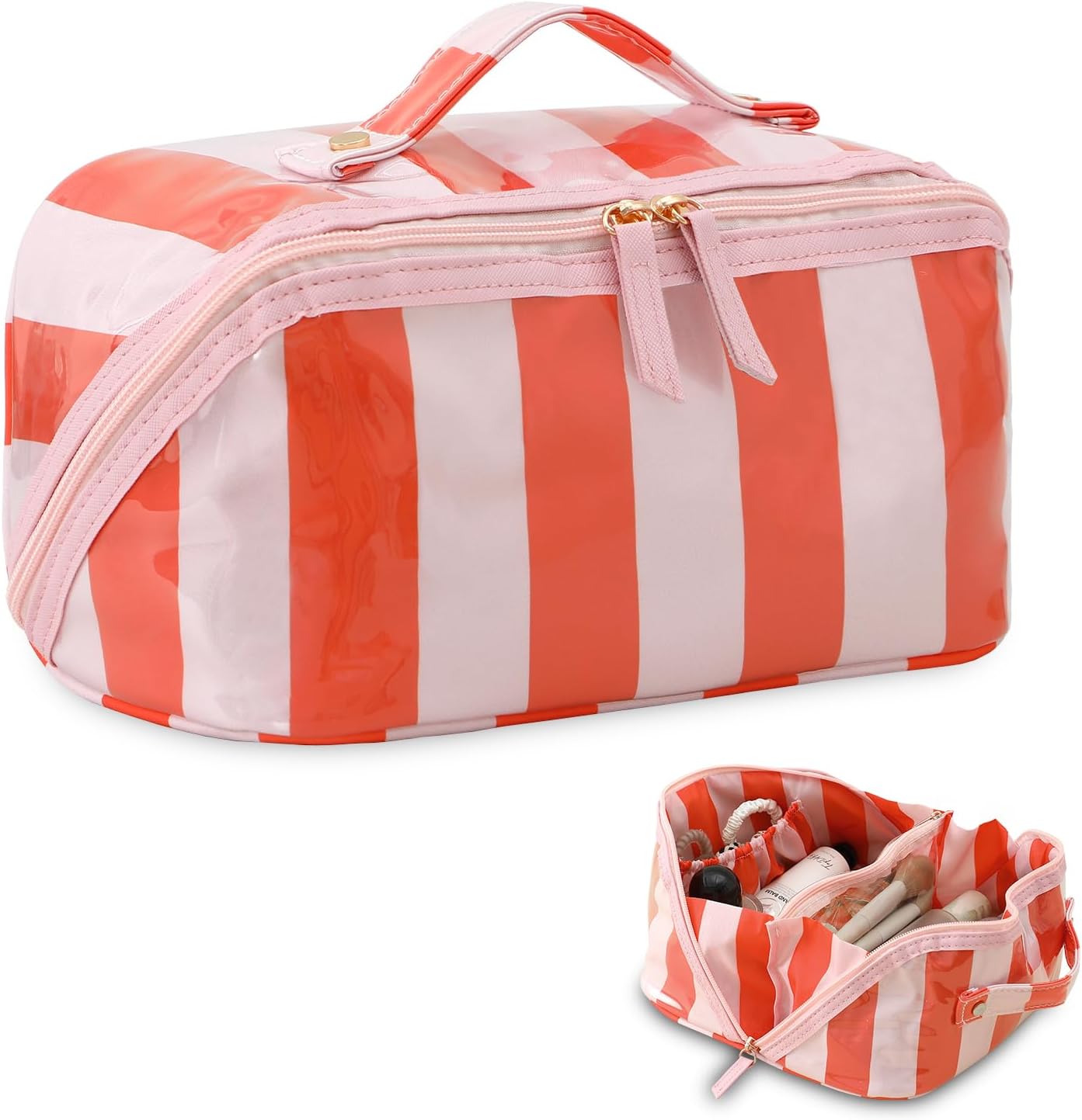 Stripe Travel Makeup Bag - Waterproof Cosmetic Organizer with Compartments | Pink-Orange