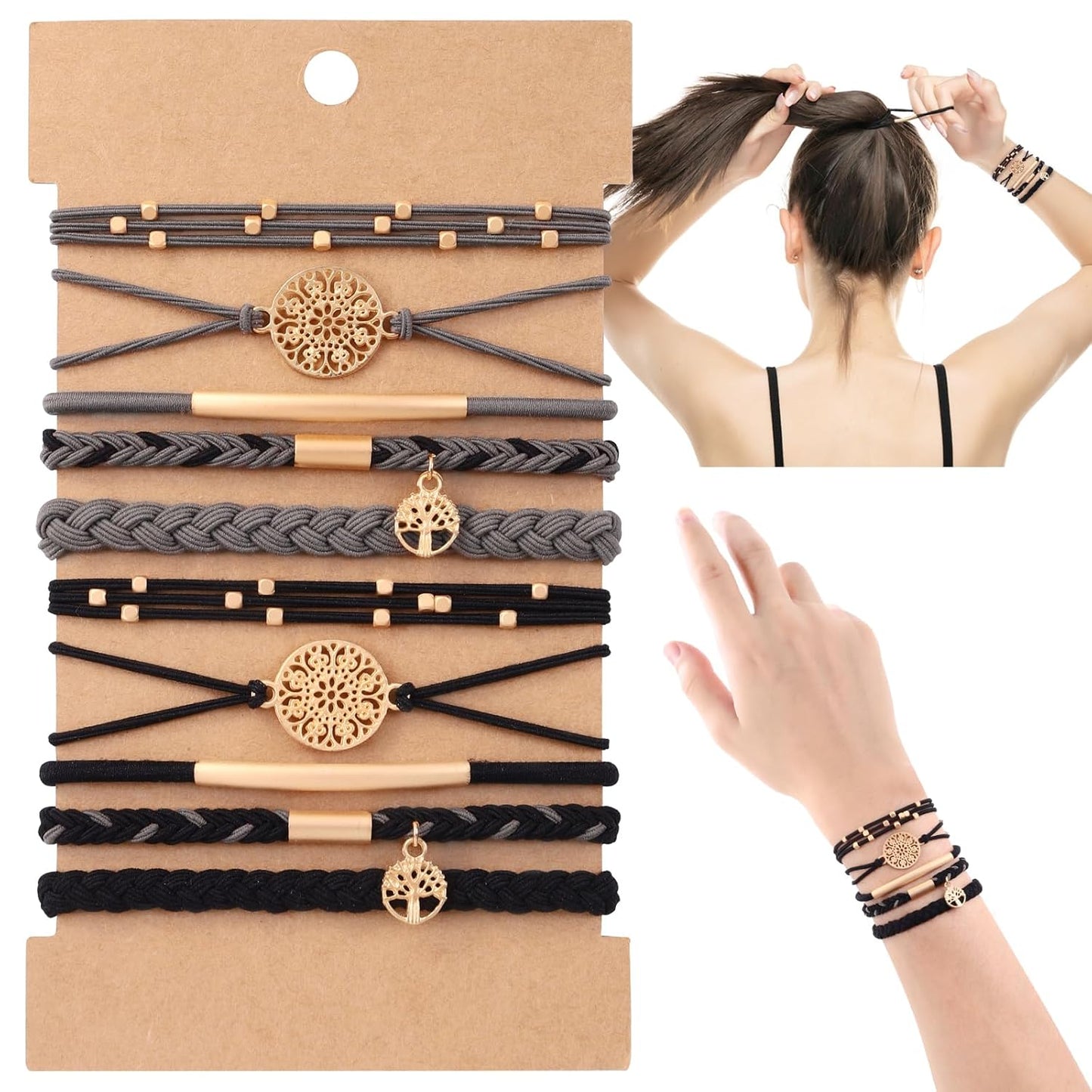 10PCS Hair Ties Bracelet Set - Soft Braided Boho Elastic Hair Bands for Women | Beige & Light Coffee