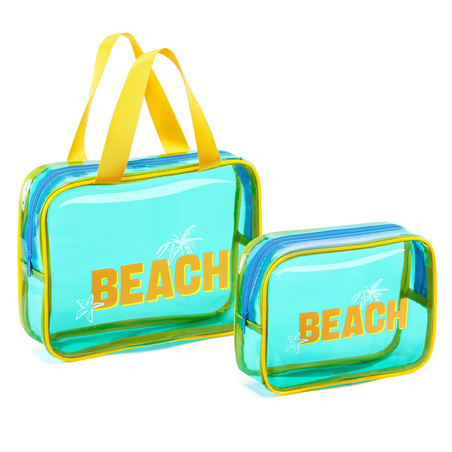 COSHAYSOO 2 Pcs Clear Sunscreen Bag with Letter, Waterproof PVC Beach Bag, Summer Beach Vacation Essential, Spf Pouch Accessories, Large Sun Screen Bag for Travel, Pool Gift for Women Teen Girls(Blue)
