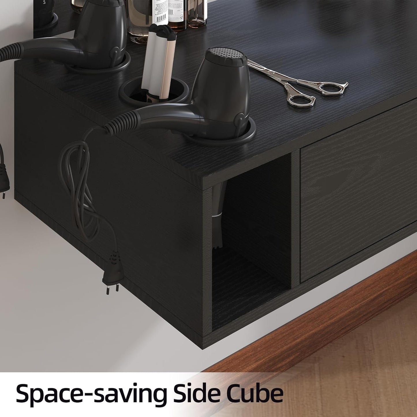 Wall Mount Salon Station - 36" Black Barber Organizer with Drawer & Shelves | 3 Dryer Holders