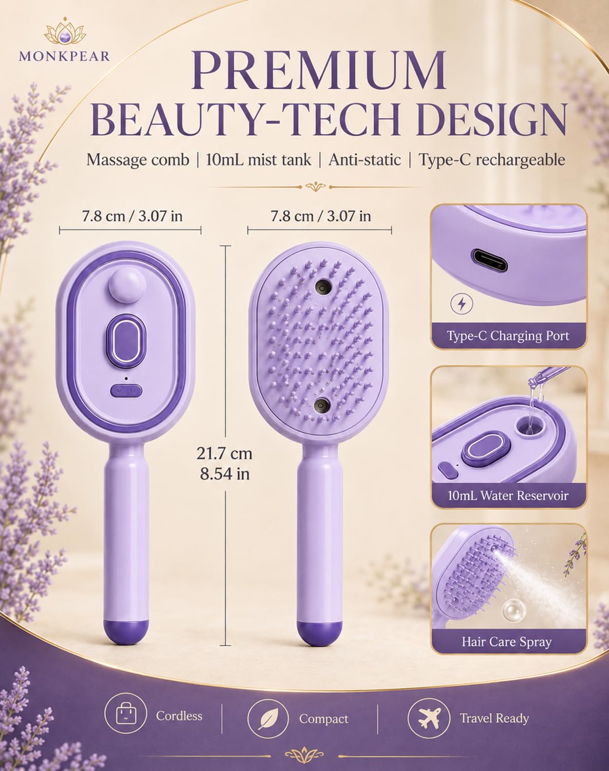 Electric Spray Air Cushion Massage Comb, Self-Cleaning Anti-Tangle Hair Brush, Anti-Static Volumizing Mist Brush, Rechargeable Scalp Comb for Frizz Control, Smooth Shine & Daily Care (Purple)
