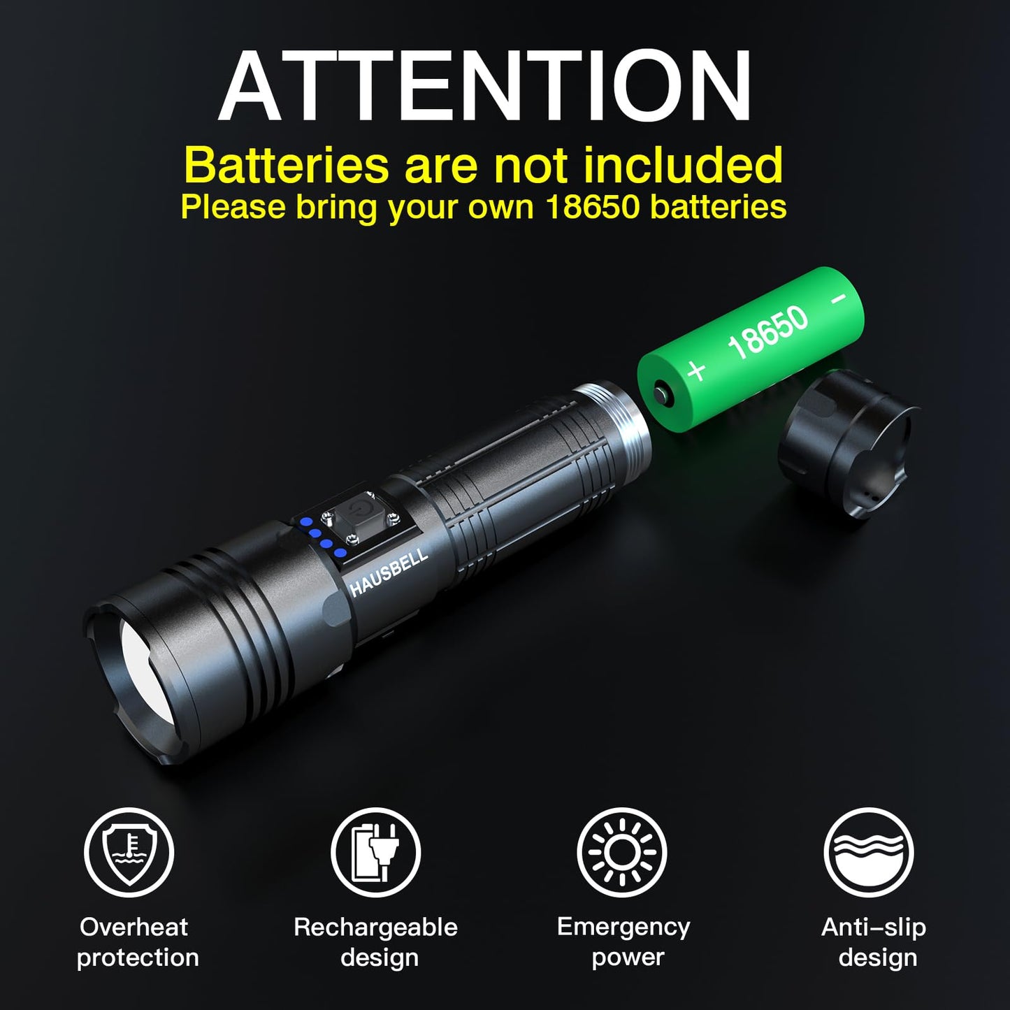 HAUSBELL A100 Rechargeable Flashlight, 2000FT Ultra-Bright Beam, 5 Modes Zoomable for Camping & Emergency, USB-C Fast Charging, Lightweight 7.8oz, Battery Display – Keep in Car, Home, or Gift for Men