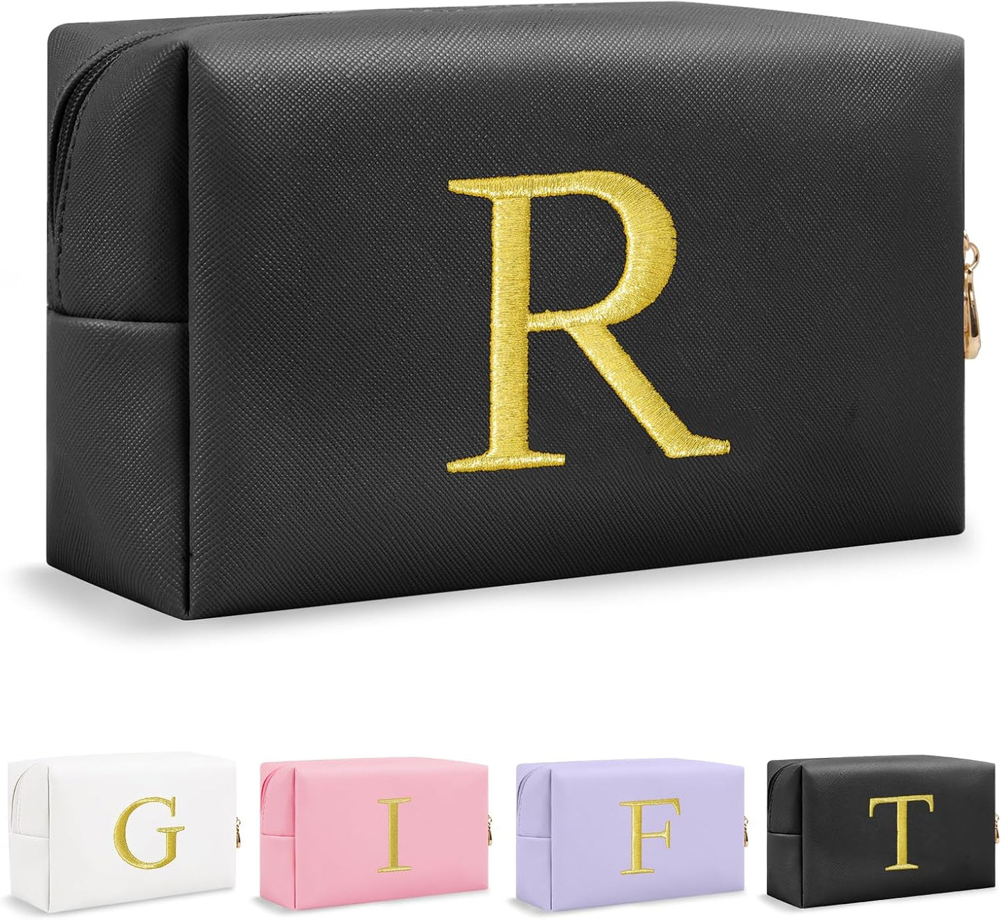 Personalized Initial Makeup Bag - Gold Embroidered Cosmetic Bag for Teens | Custom Travel Toiletry Bag (Black)