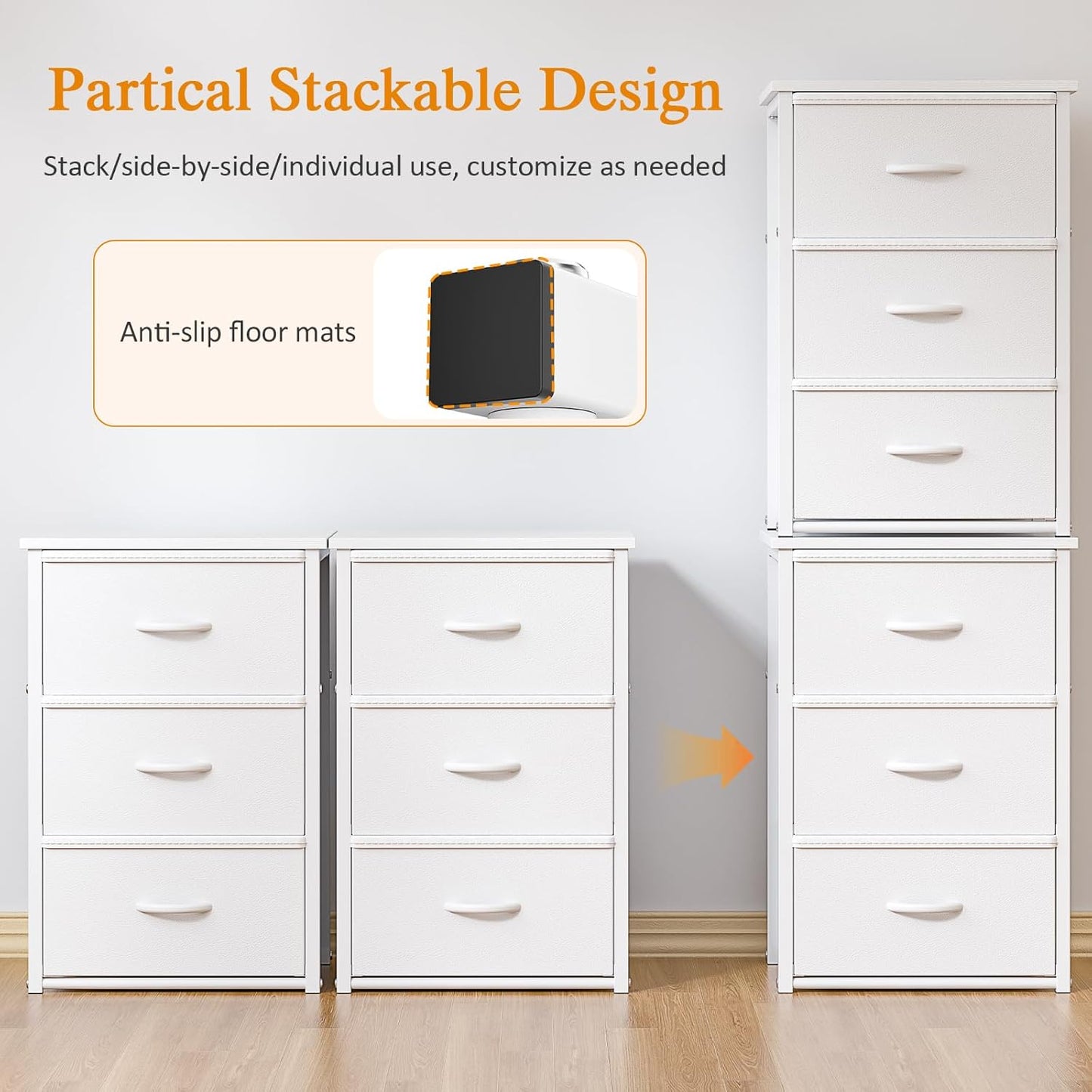 DAOUTIME Stackable Storage Drawers - 2-Pack White Closet Organizer with Wooden Top & Metal Frame | Versatile Dresser for Bedroom & Living Room