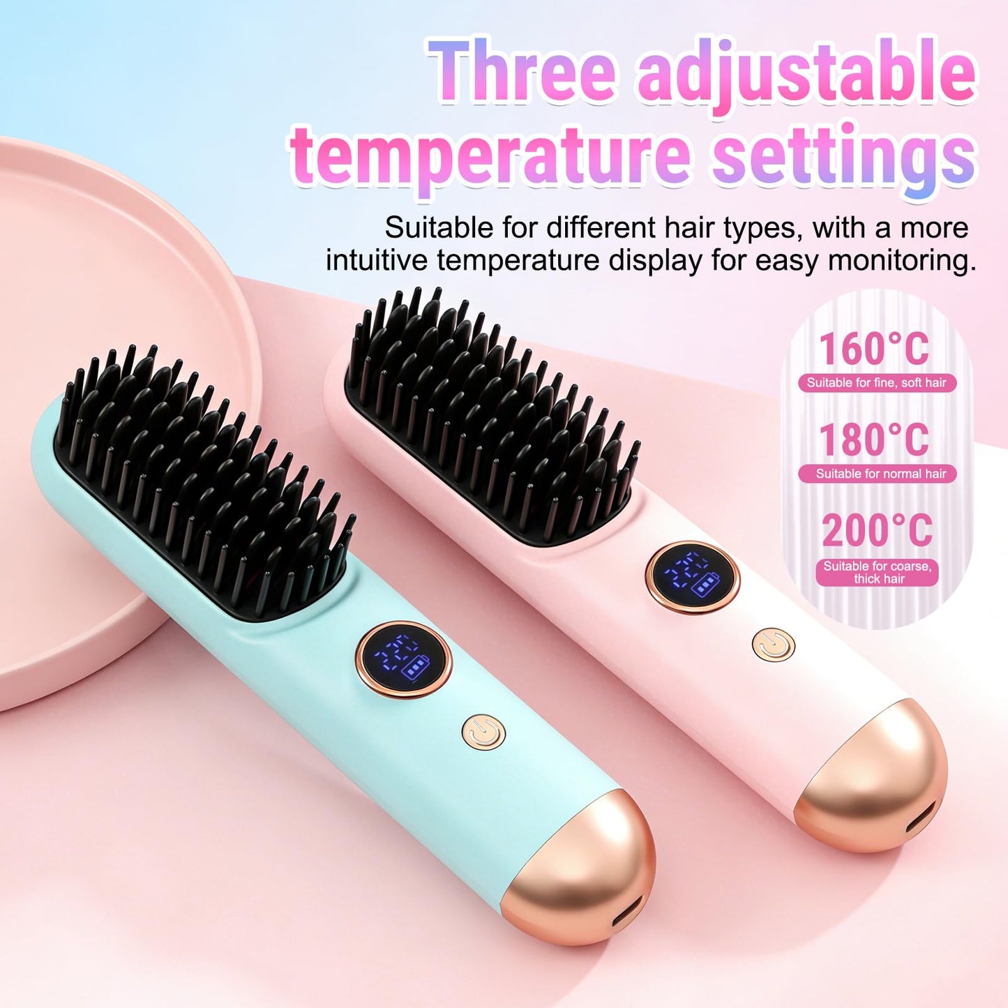 2026 Hair Straightener Brush, Cordless Hair Straightener Brush for Short Hair, Mini Portable Cordless Travel Straightening Hair Comb Brush with 9 Temps Fast Heating for Women (Blue)