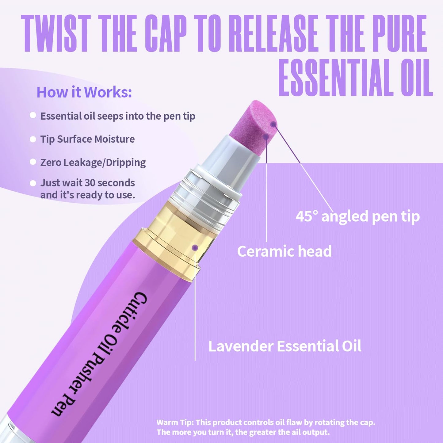 Ceramic 2-in-1 Cuticle Oil Pusher Pen, Nail Care Buffer Pens with Micro-Dosin lavender Oil for Hangnails & Dry & Damaged Nails, Repair & Nourish Nails, Birthday Gifts for Women Wife Girlfriend