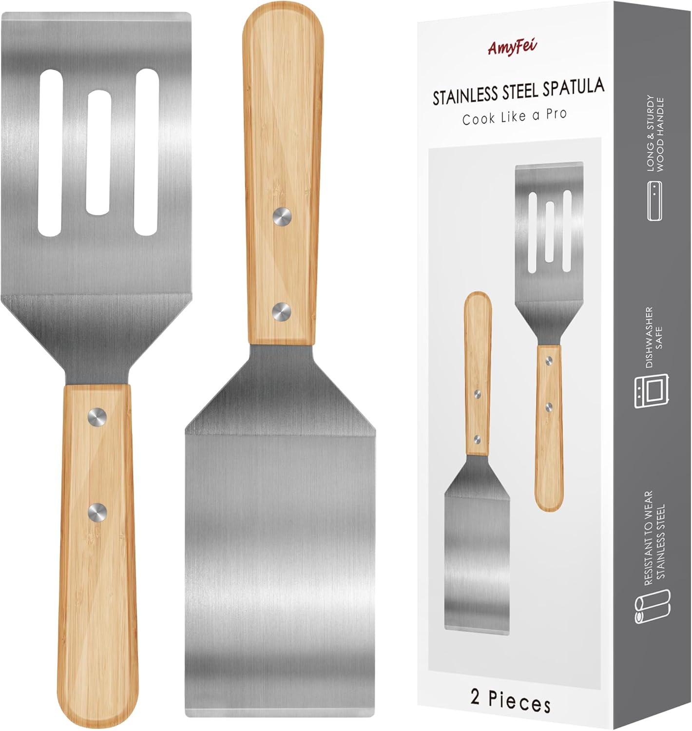 Stainless Steel Spatula Set - 2 Metal Spatulas with Wooden Handle for Cooking, Grilling & Baking | Ideal for Pancakes, Burgers & More