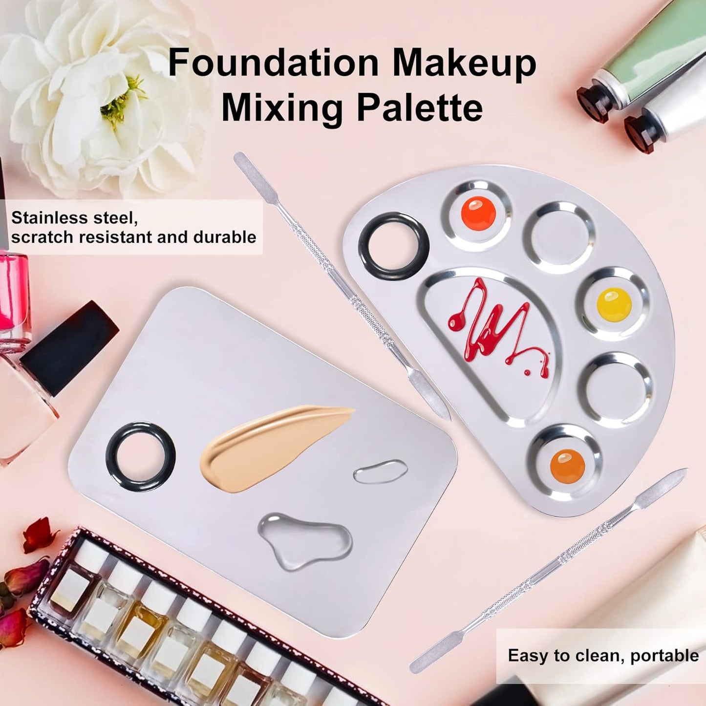 Stainless Steel Makeup Palette - Mixing Tool for Foundation & Nail Art | 6"x4" | Silver | 2pcs