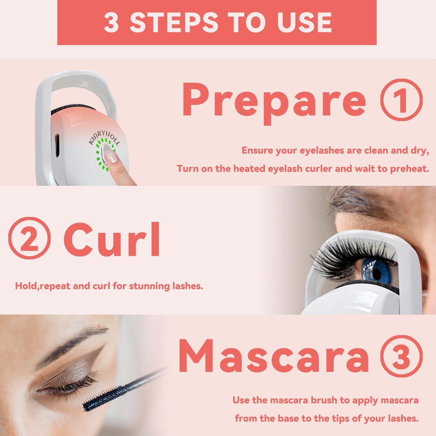 KIARYUOLL Electric Heated Eyelash Curler Kit Hot Lash Therapy Professional Eyelash Tools Battery Powered Lash Lifter Rechargeable Clamp for Various Eye Types Plastic Material (Colour White)