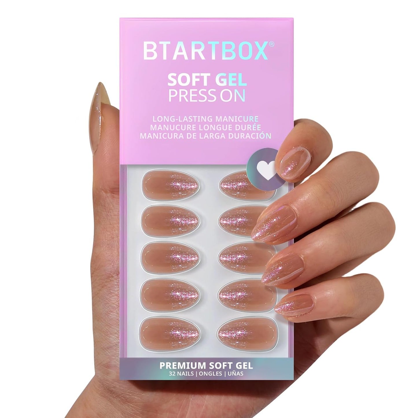 Press On Nails - Champagne Mood Chrome Nude Almond | Easy Application, 16 Sizes, 32 Nails Kit