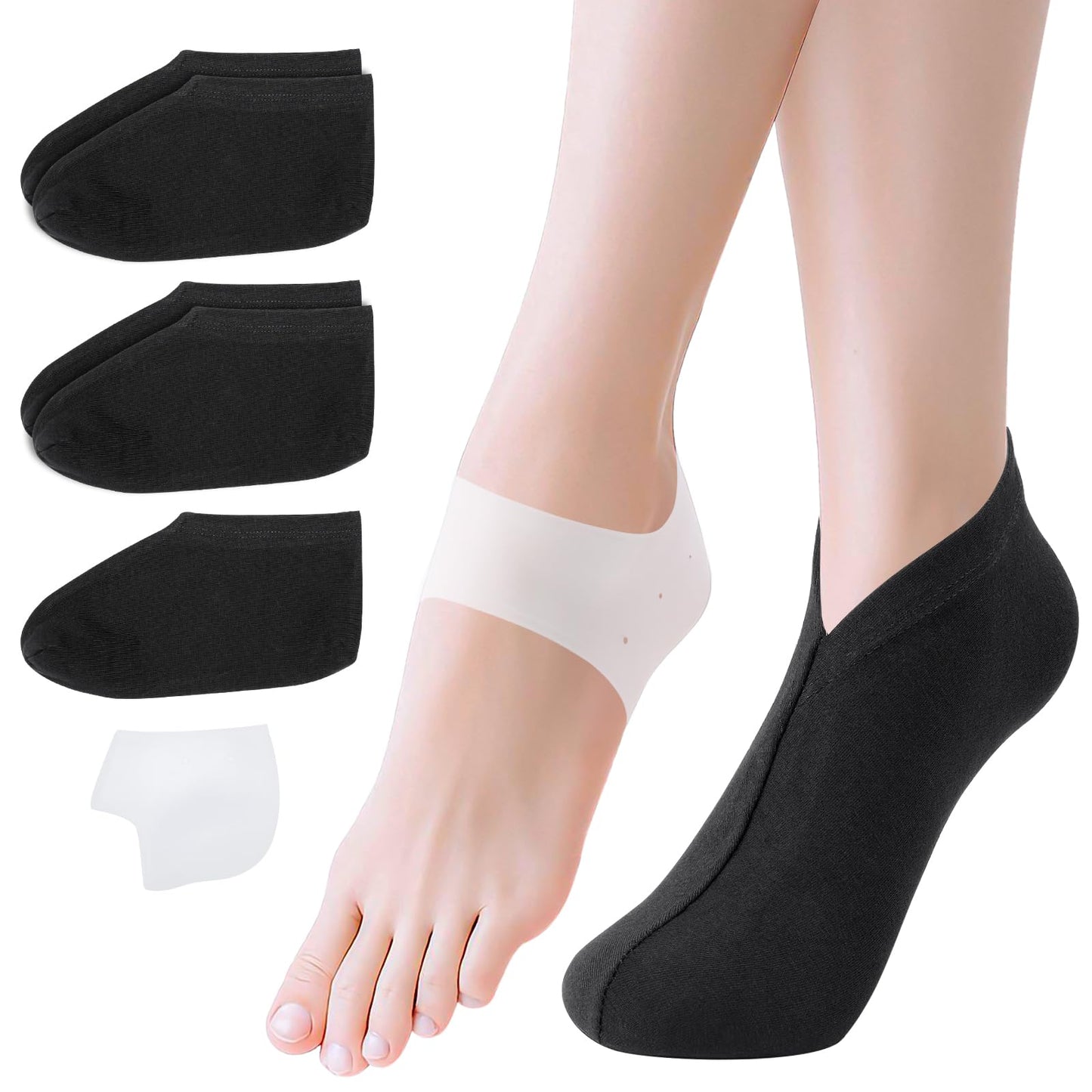 Segbeauty 6 Count Sleep Lotion Cotton Socks for Women, 1 Pair of Silicone Heel Protector for Dry Feet, Moisturizing Socks for Cracked Heel Repair, Overnight Spa Feet Care Kit for Women Moisture Sock