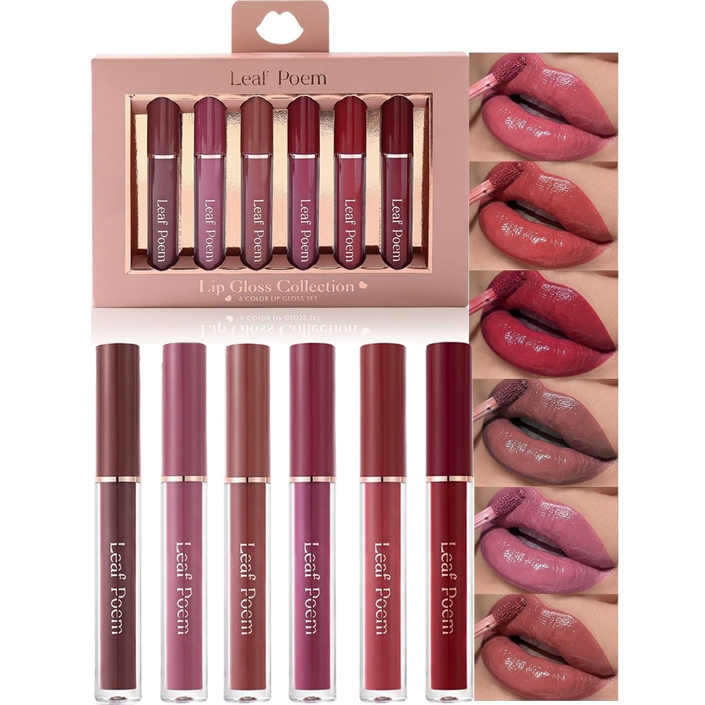 Lip Gloss Set - Non-Sticky Moisturizing Lipgloss with Soft Brush | 6-Piece Makeup Collection for Women