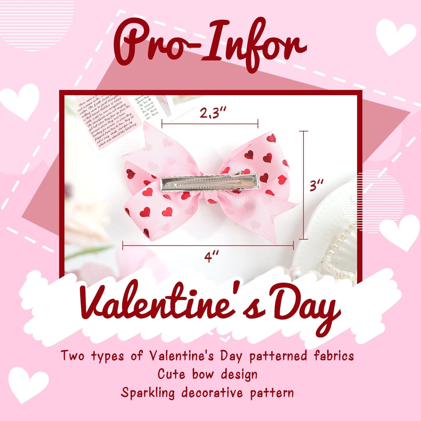 YanJie 4'' Hair Bow Clips Love Heart Hair Clips Valentines Hair Accessories Red Pink Bow Hair Barrettes Heart Print Boutique Alligator Toddler