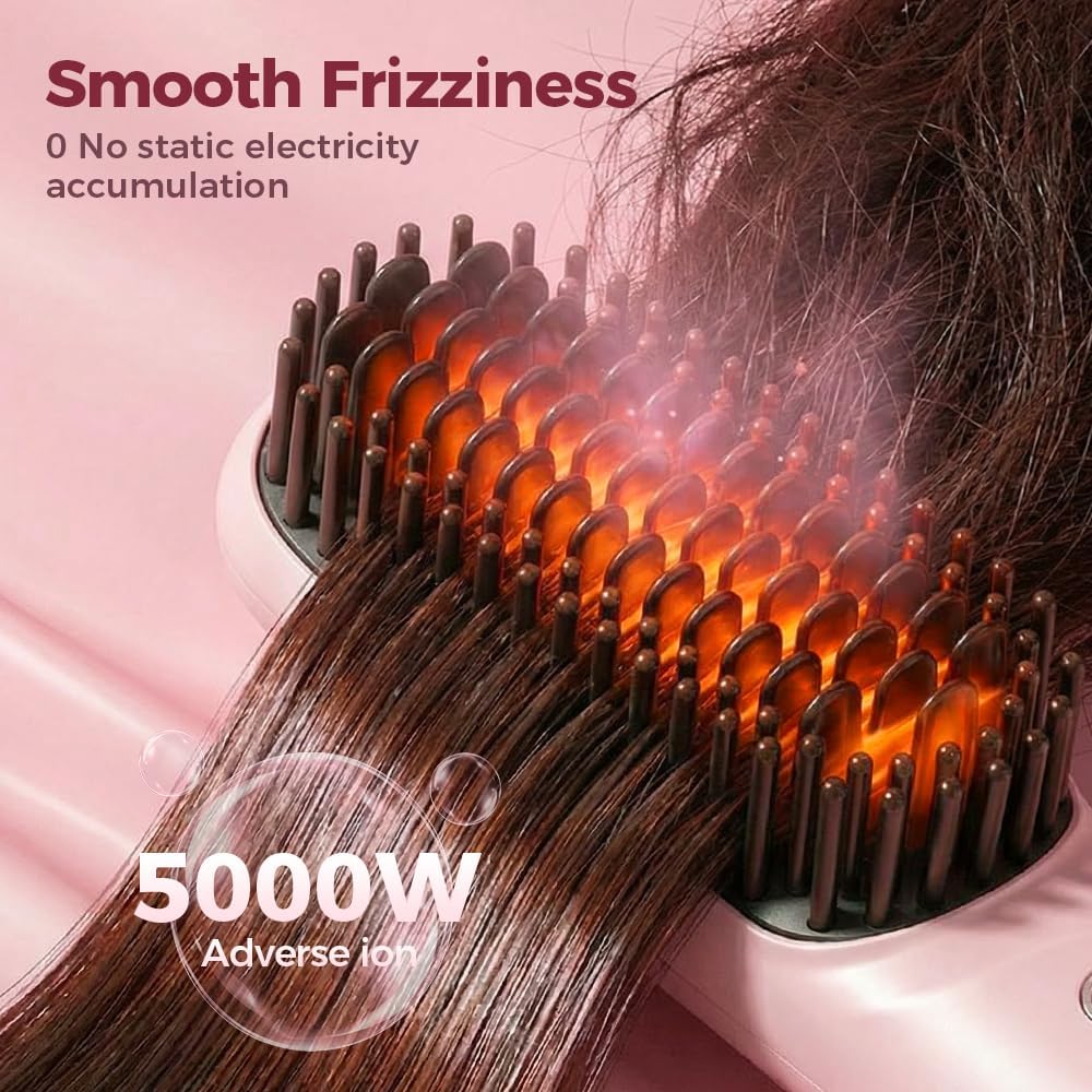 Portable Hair Straightener Brush - Cordless Ionic Comb for Short Hair | MCH Heating, 4 Temp Settings (Pink)