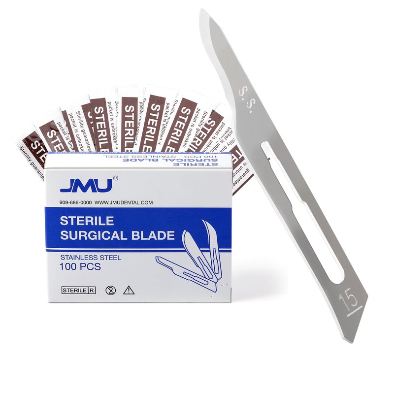 JMU 100pcs Disposable Surgical Scalpel Blades #15 Stainless Steel Sterile Blades, Individually Foil Wrapped