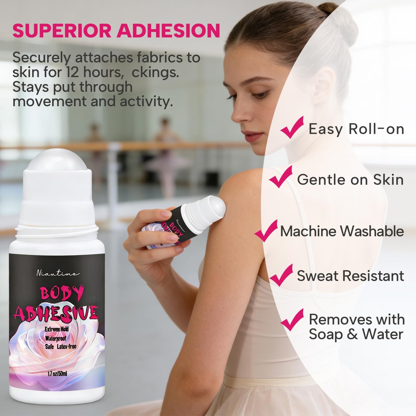 Body Adhesive Roll-On | 2 Packs 1.7 Oz - Sweat Resistant & Water Wash Off for Dancers, Costumes, Socks, Wigs