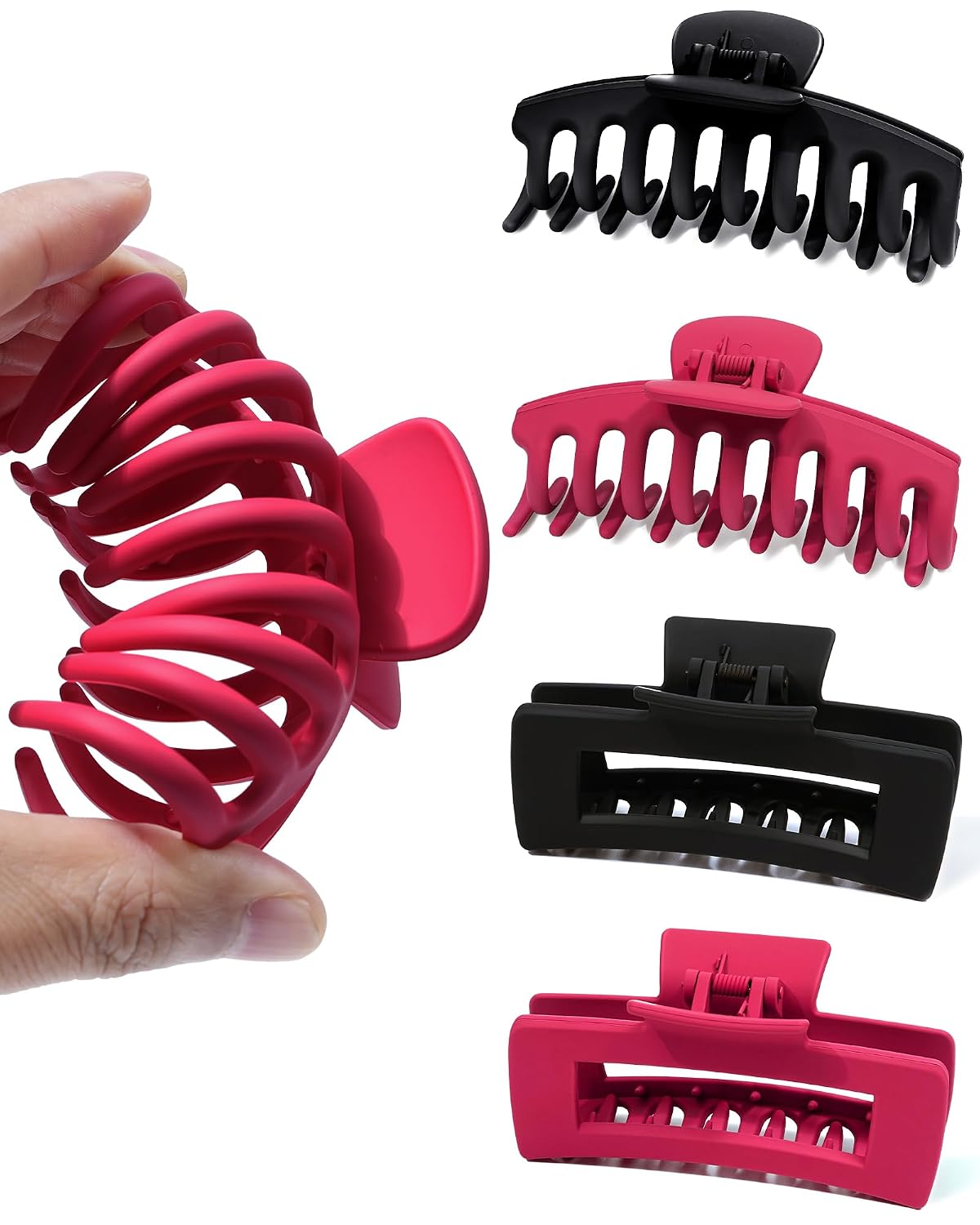 Silicone Flexible Hair Claw Clips - 4 Pack Nonslip Large Grip for Thin & Thick Hair | Black, Wine Red