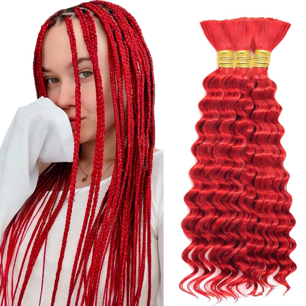 28 28 28 Inch Red Boho Human Hair Braiding Red Human Braiding Hair For Boho Braids Deep Wave Braids Bulk Bohemian 3 Bundles/Pack 150g