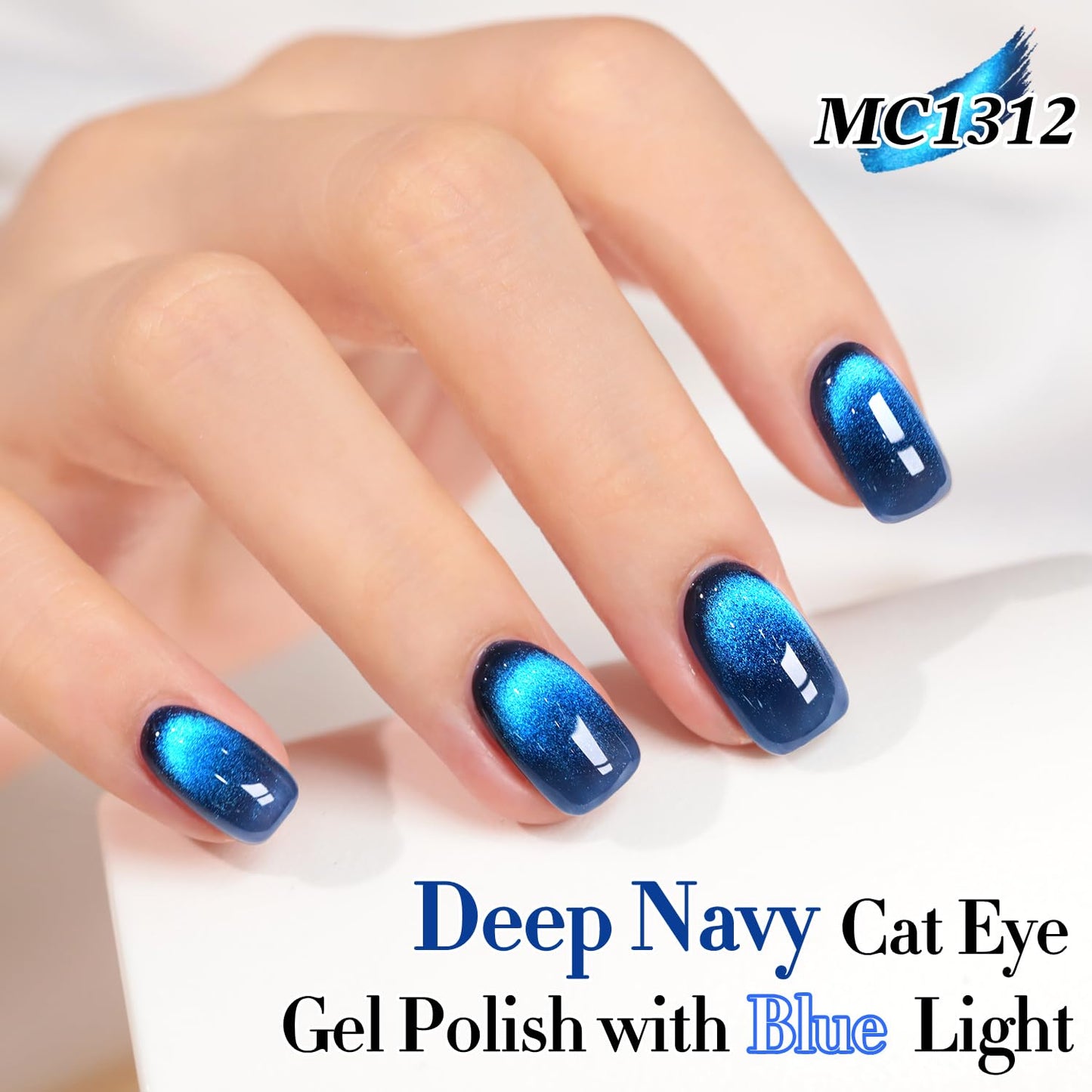 Double Rhythm Jelly Glass Cat Eye Gel Polish with Magnet 15ML Holographic Glitter Shimmer Translucent Sheer Color Magnetic Nail Polish Salon DIY at Home (Deep Navy Blue-MC1312)