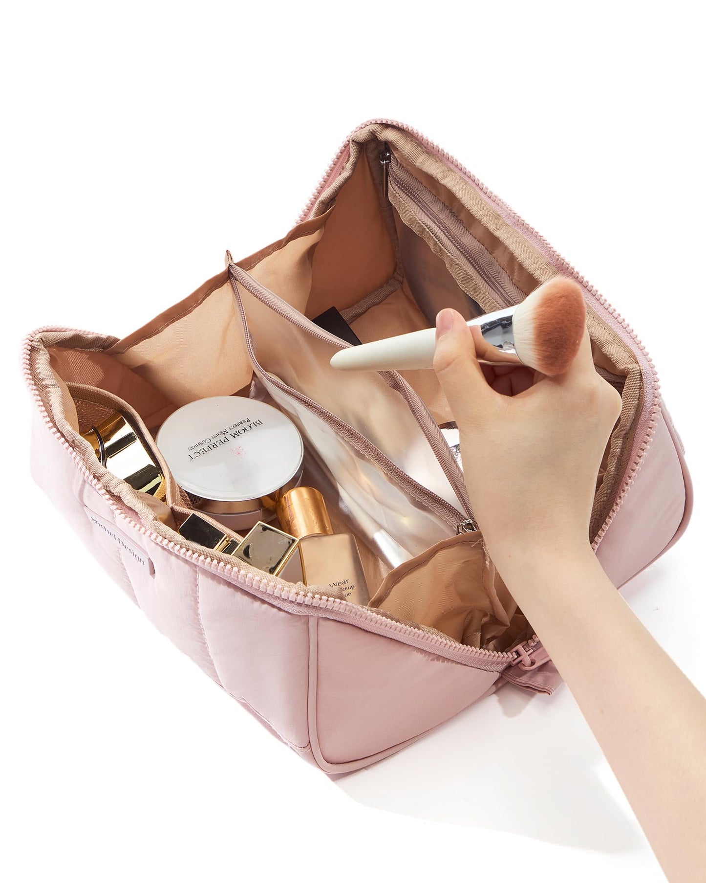 NISHEL Travel Makeup Bag for Women, Fluffy & Lightweight Open Flat Cosmetic Organizer with Multiple Functional Divider for Brush Independent Storage, Handle for Easy Portability, Pink