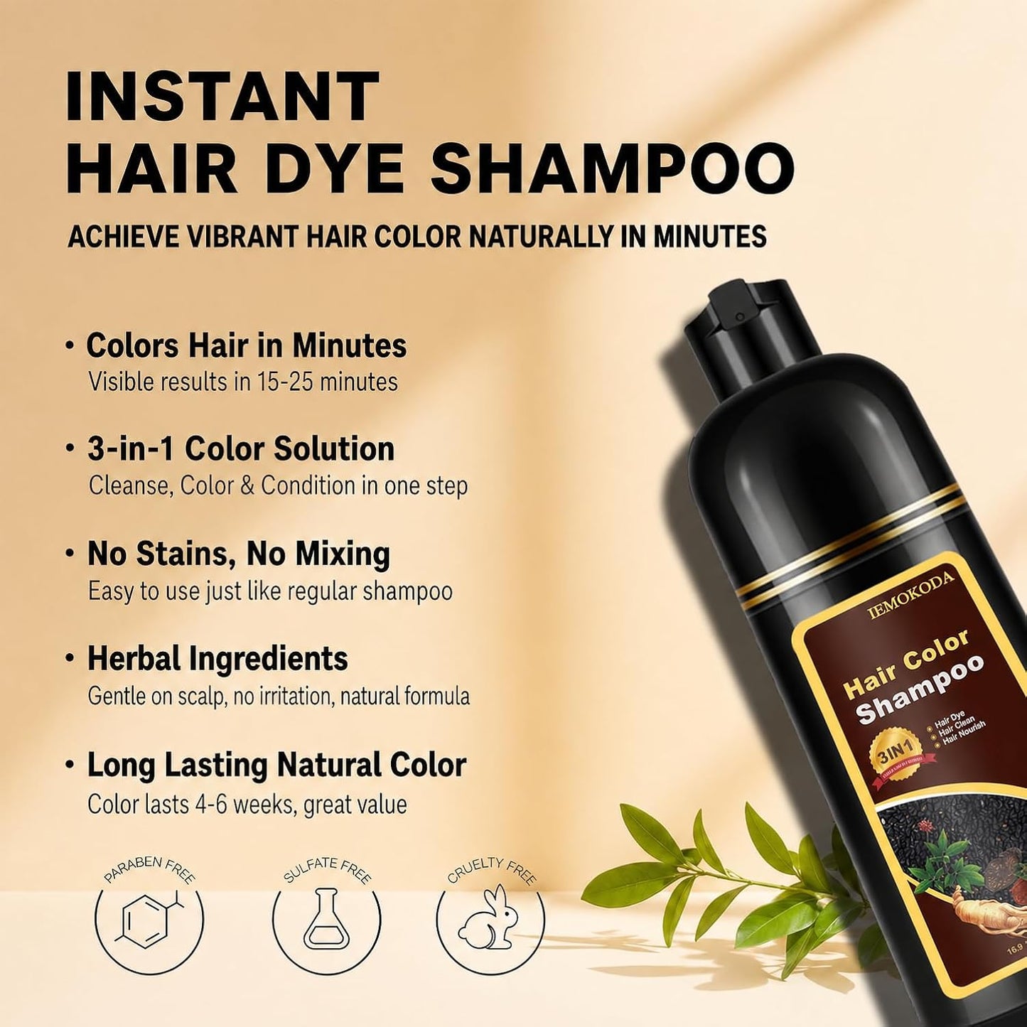 Brown Hair Dye Shampoo - 3 in 1 Instant Color Treatment | Semi-Permanent, Easy to Use, 16.90 Fl Oz