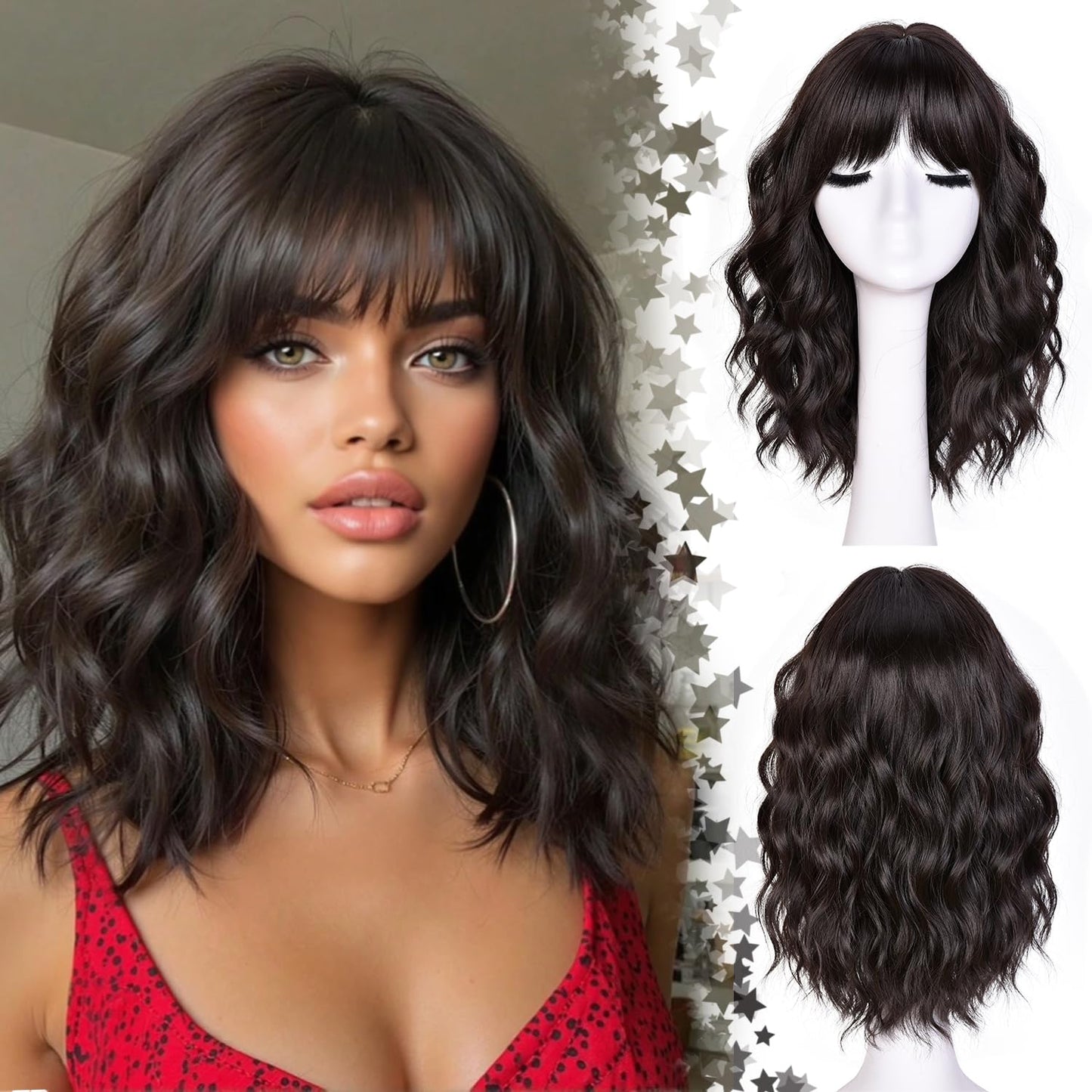 Short Wavy Wig with Bangs - Natural Curly Synthetic Hair for Daily Wear | 14-Inch Brown Highlight