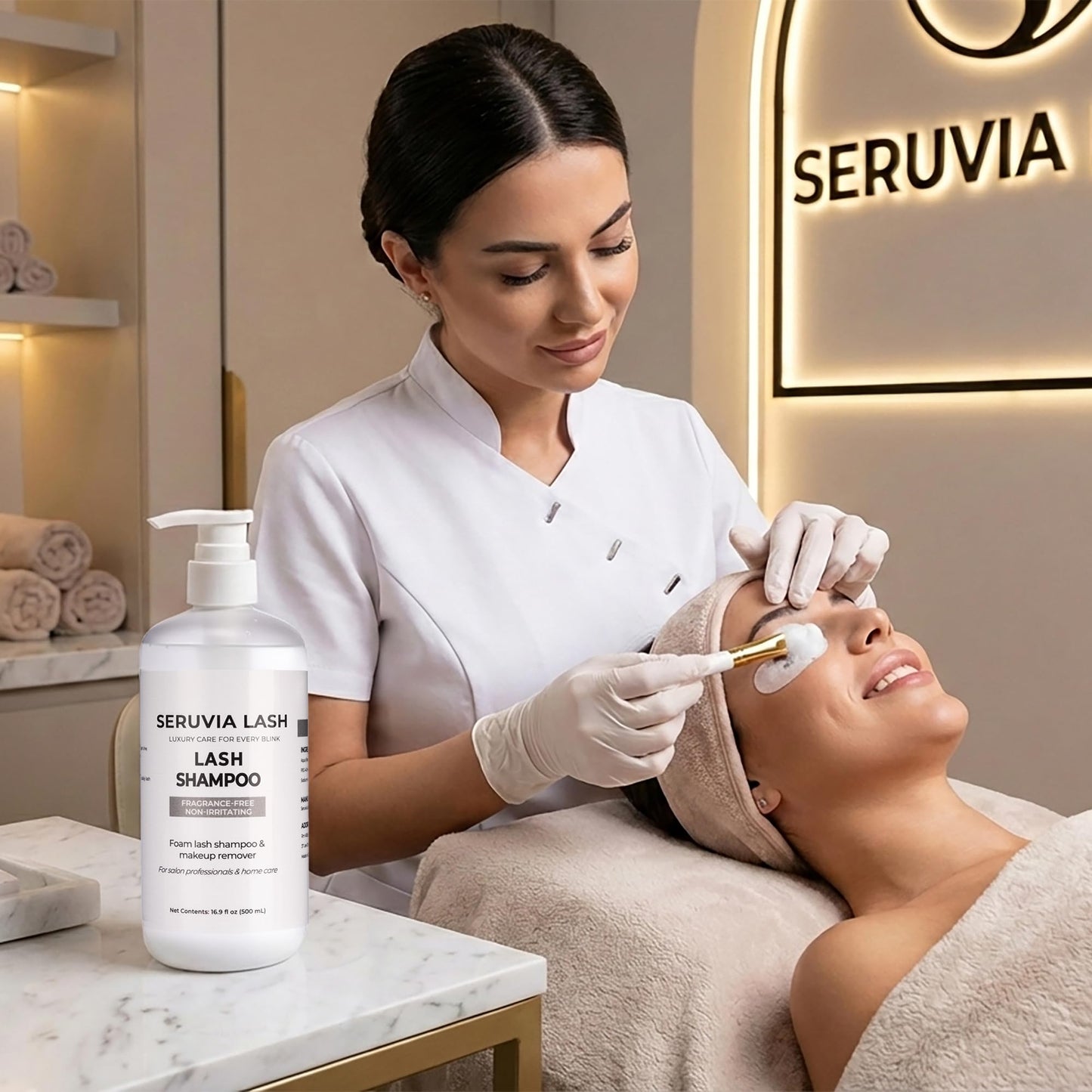 Seruvia Unscented Lash Shampoo Bulk Refill - 500ml Eyelash Extension Cleanser, Oil-Free Lash Wash for Sensitive Eyes (Includes 2 Foaming Bottles, 12 Brushes & 2 Aftercare Cards)