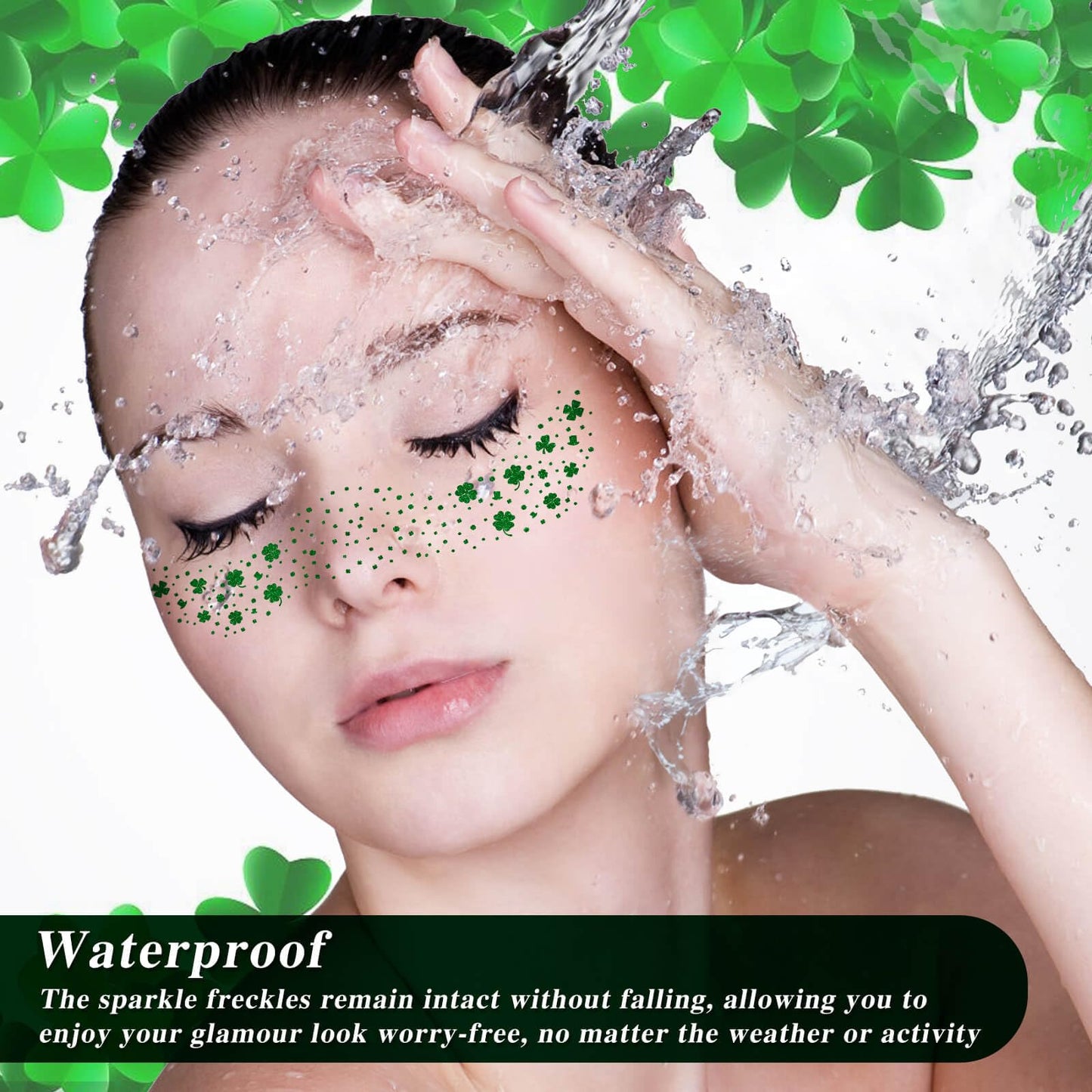 MEICOLY Shamrock Glitter Freckle Stickers,St Patricks Day Accessories for Women,St Paddys Temporary Tattoos for Kids,Waterproof Clover Face Sticker,Sparkle Saint Patrick's Day Green Makeup,6Pcs