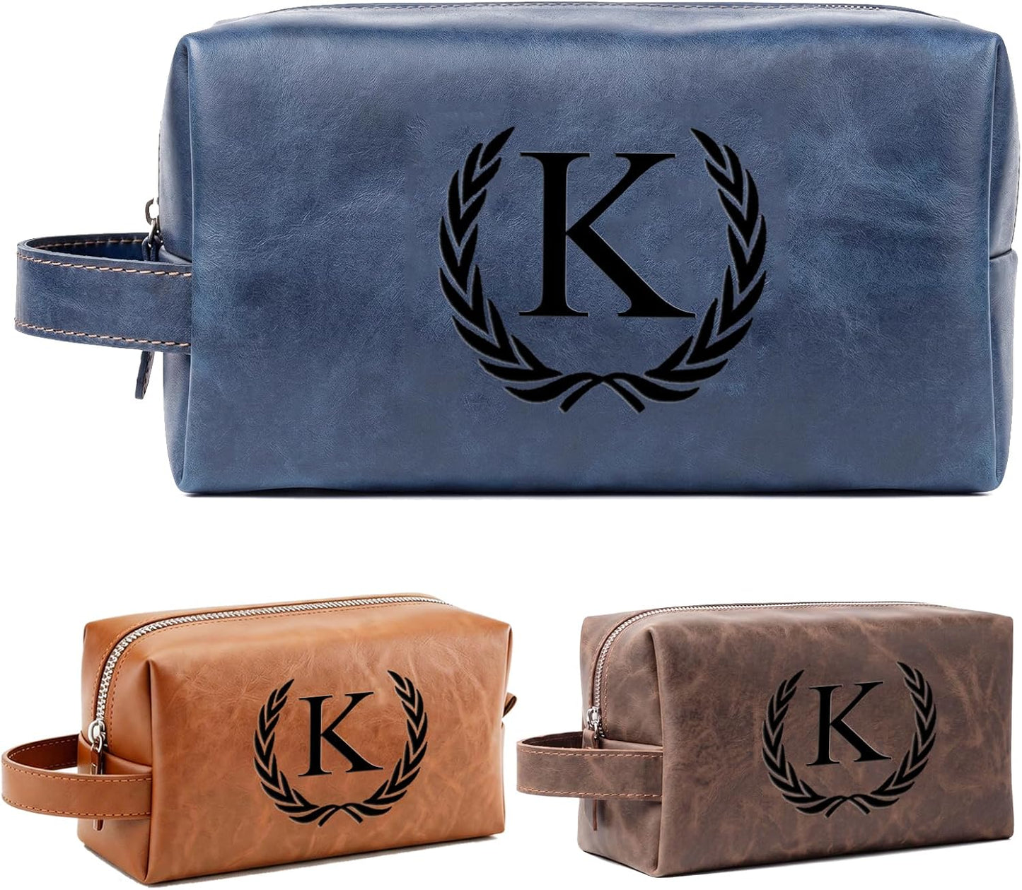 Personalized Leather Toiletry Bag for Men | Engraved Initial Waterproof Travel Bag - Dark Brown