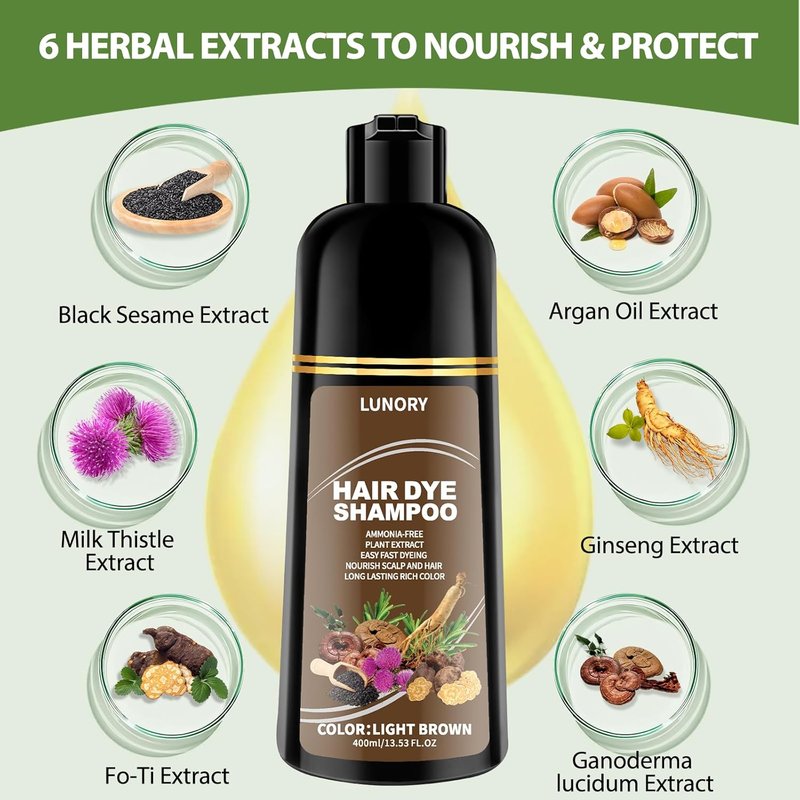 Light Brown Hair Dye Shampoo - 100% Gray Coverage, Argan Oil & Ginseng, Ammonia-Free | Long-Lasting Semi-Permanent Color for All