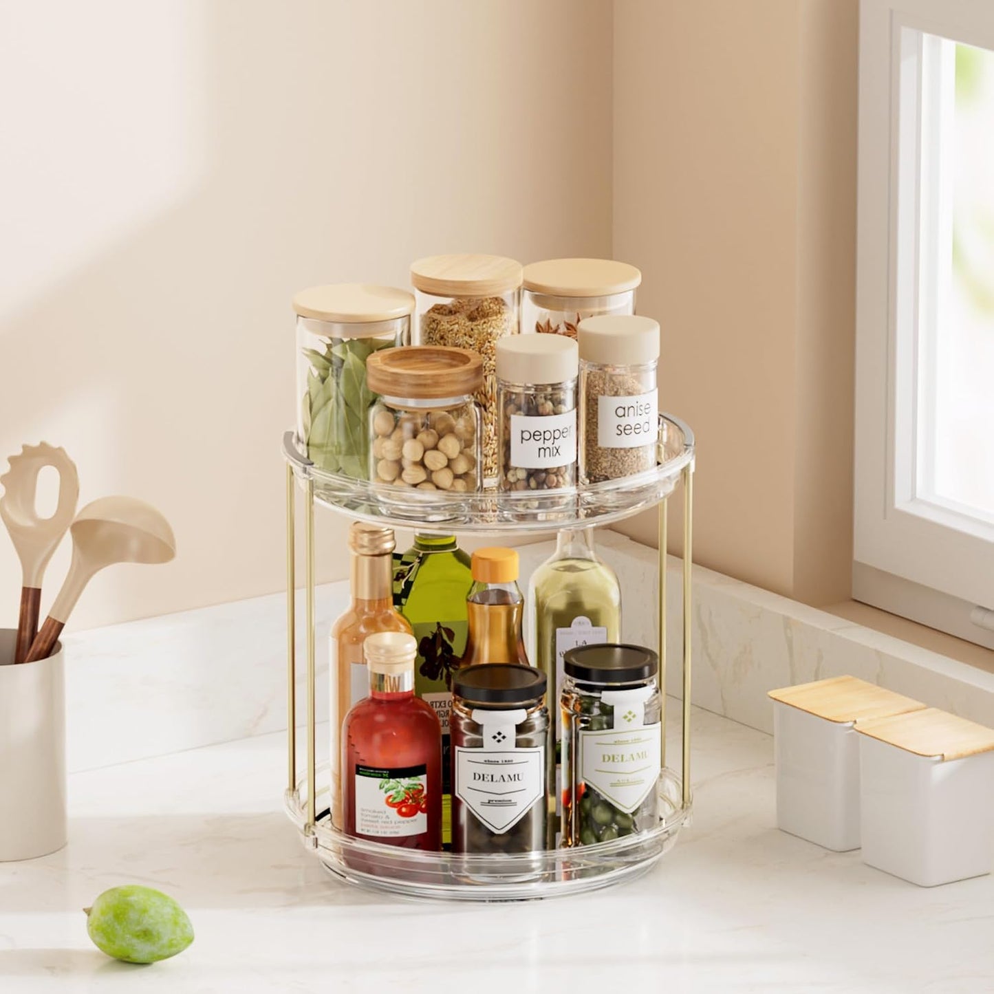 Rotating Makeup Organizer - 2 Tier Stackable Vanity Storage | Clear Skincare & Perfume Holder