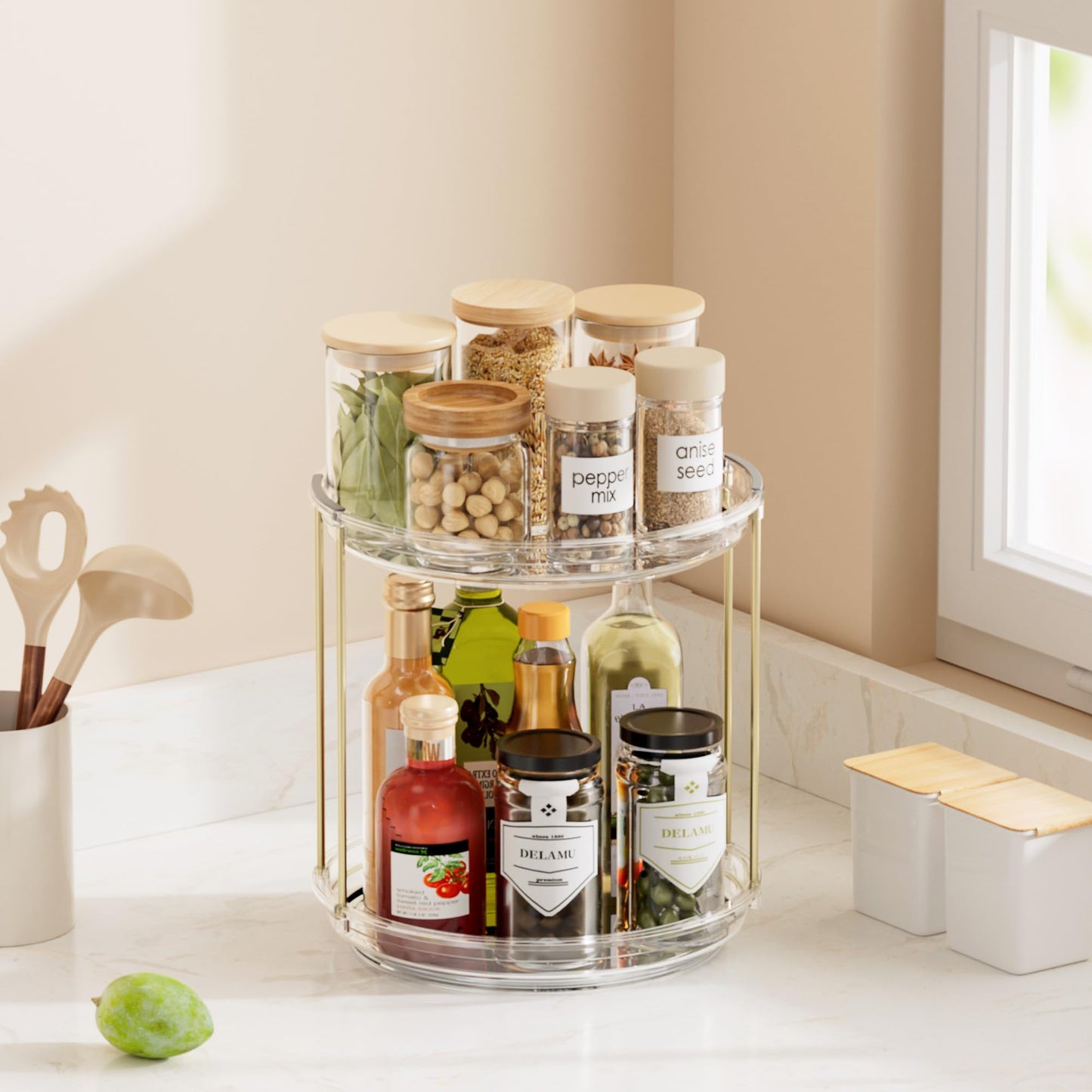 Delamu Rotating Makeup Organizer for Vanity, 2 Tier Bathroom Counter Organizer with Stackable Design, Spinning Skincare Organizer for Bathroom Countertop, Perfume Cosmetic Storage, Clear