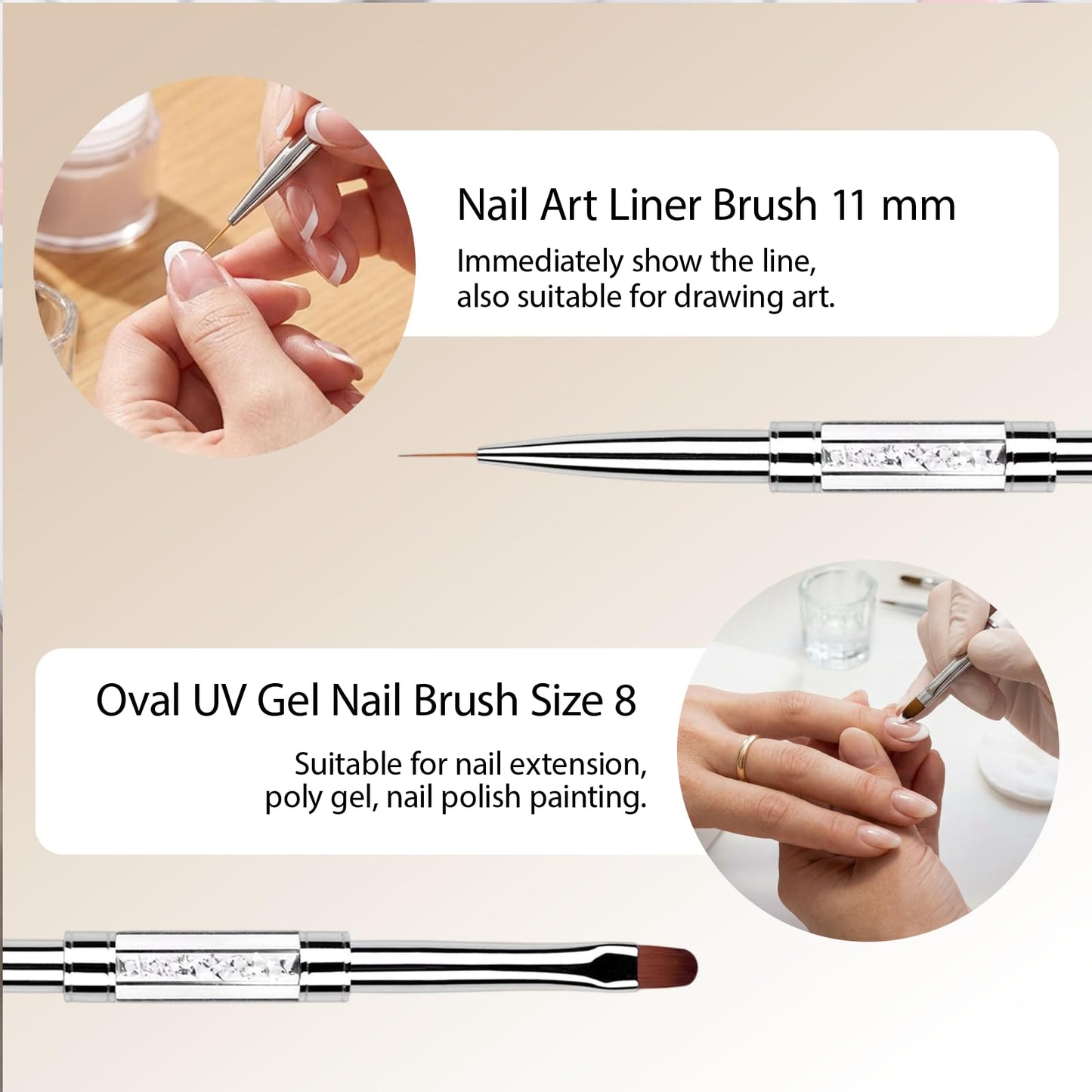 2Pcs Professional Hard Gel Nail Brushes, Dual-Ended Builder Gel Brush Set with Rhinestone Handle, Oval & Liner Brushes for French Tip, Acrylic & Polygel Application