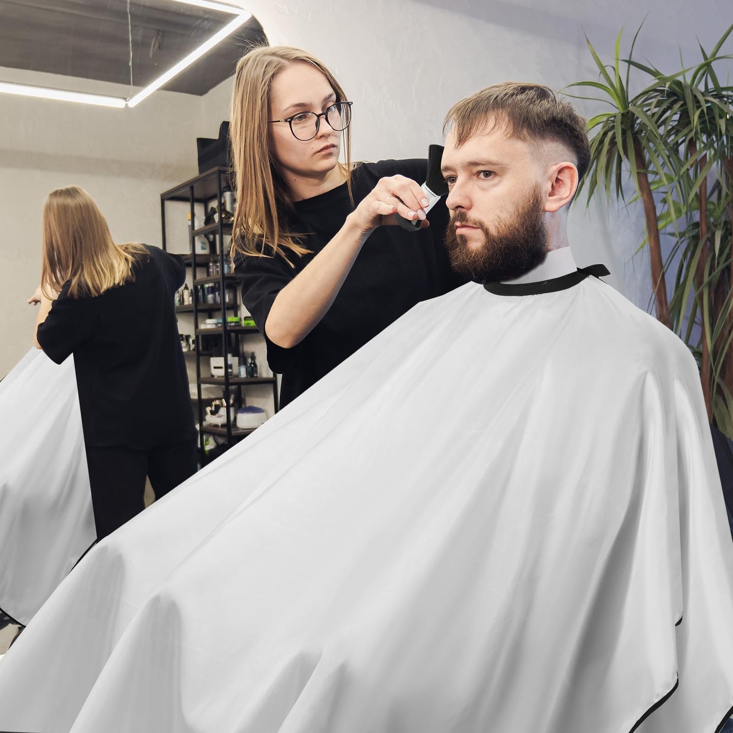 Hair Cutting Cape Set, Barber Cape with Neck Brush and Disposable Neck Paper - Waterproof Anti-Static Large Salon Hair Cape, 57" x 51" (White)