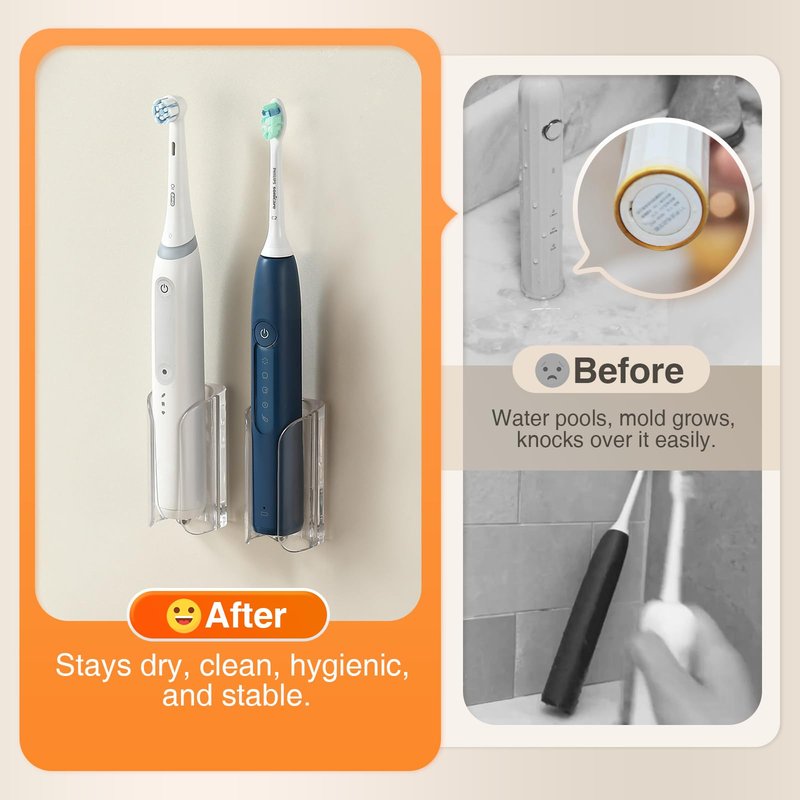 HAVICATO Electric Toothbrush Holder for Bathroom, Wall-Mounted Toothbrush Stand with Self-Adhesive, Compact Bathroom Caddy for Electric Toothbrushes (Clear-2pcs)