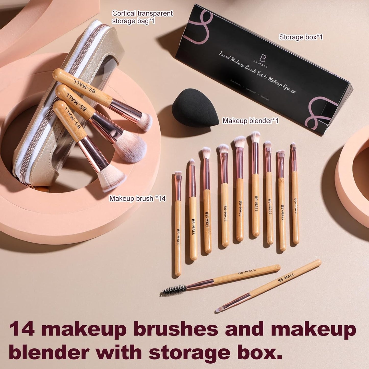 14 Pcs Makeup Brushes Set - Essential Foundation, Powder, Concealer & Eye Shadow Brushes with Travel Case | Bamboo