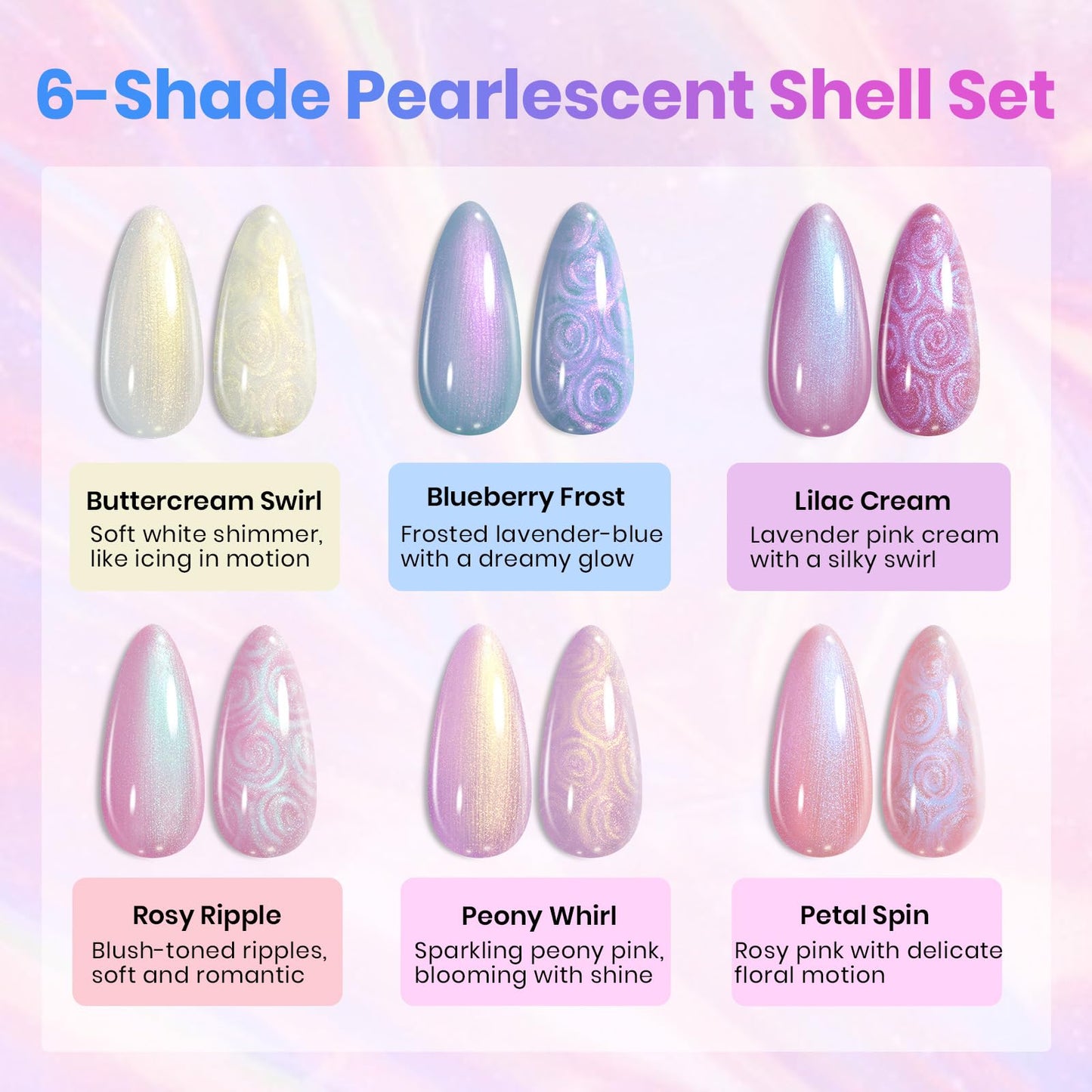 Beetles Spring Gel Polish Set - Stay Shining Pearly Swirl Shade Set, 6 Colors Mermaid Nail Swirl Shell Thread Effect Polish Soak Off Uv Gel Polish DIY Salon-Quality at Home Gift for Women